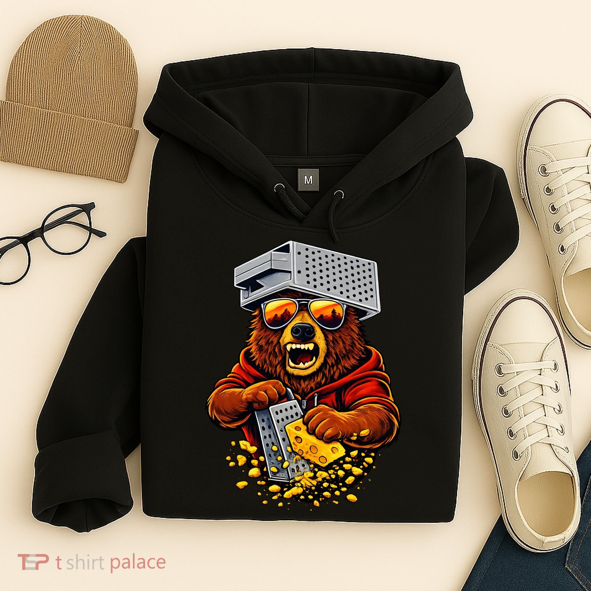 Bear With Cheese Grater Hat And Sunglasses Hoodie