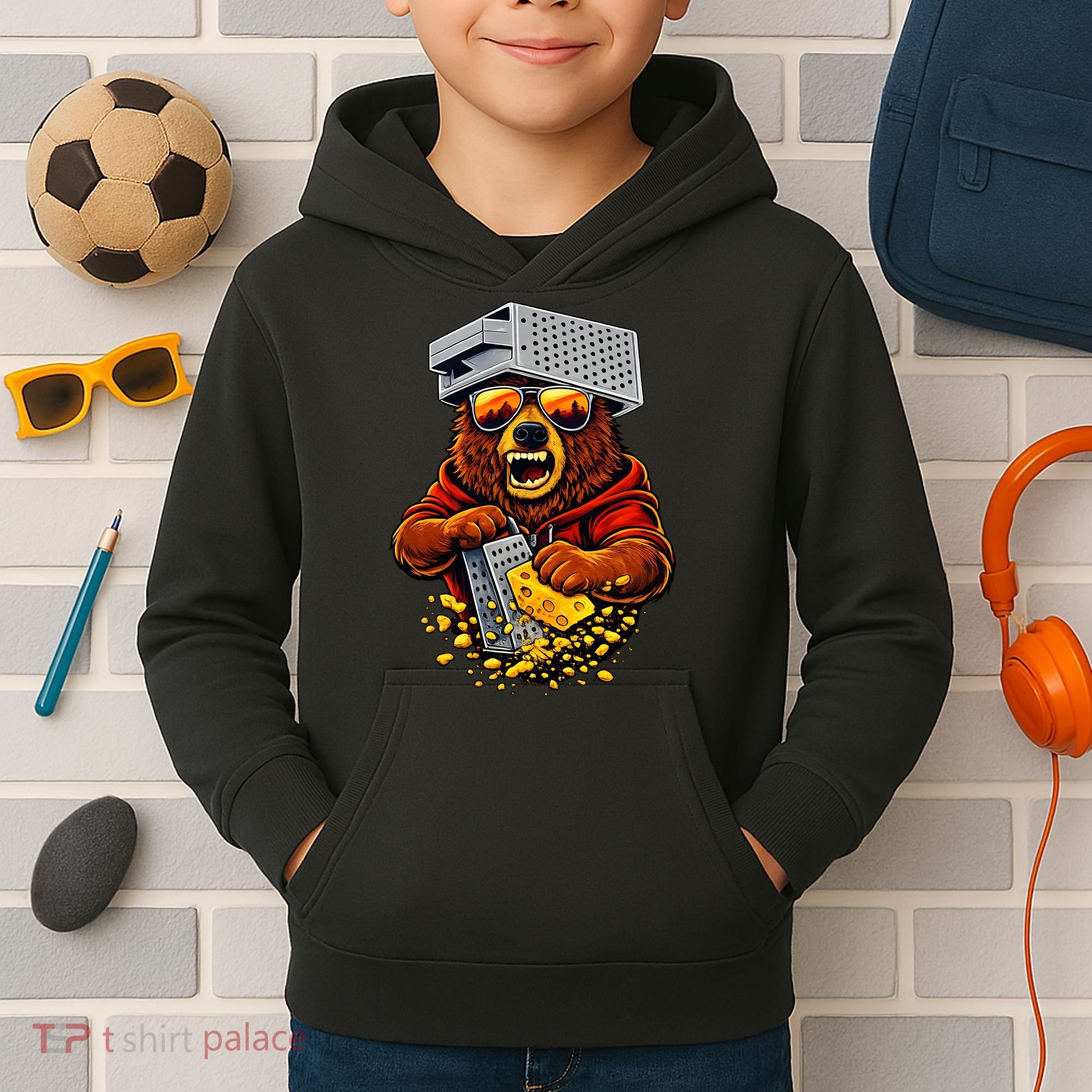 Bear With Cheese Grater Hat And Sunglasses Kids Hoodie