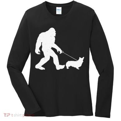 Bigfoot Walking Corgi Dog Funny Gift Women's Long Sleeve Shirt