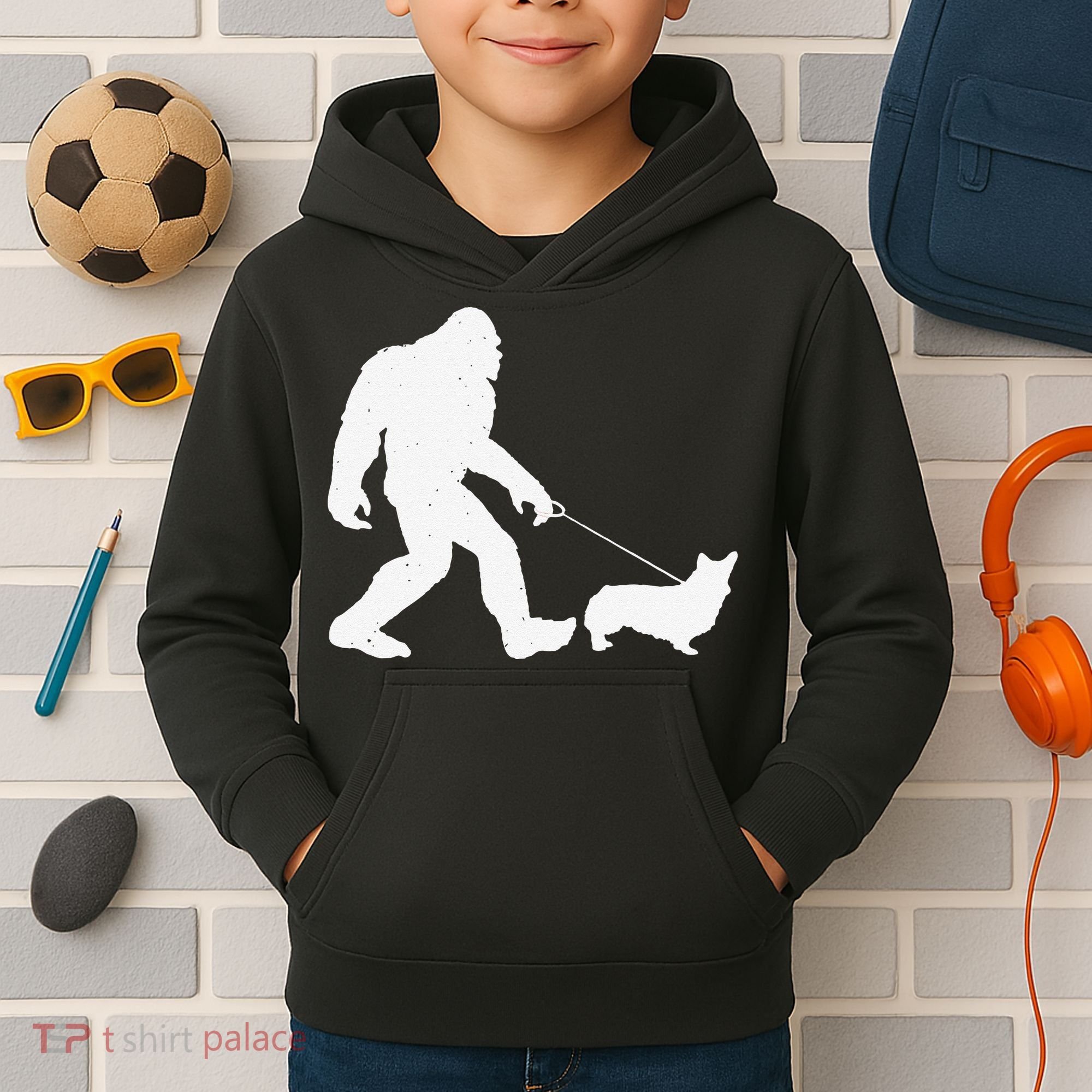 Bigfoot Walking Corgi Dog Funny Gift Kids Hoodie
