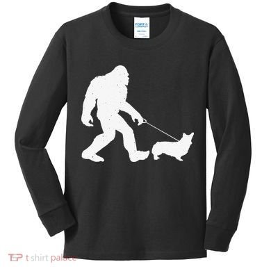 Bigfoot Walking Corgi Dog Funny Gift Kids Long Sleeve Shirt