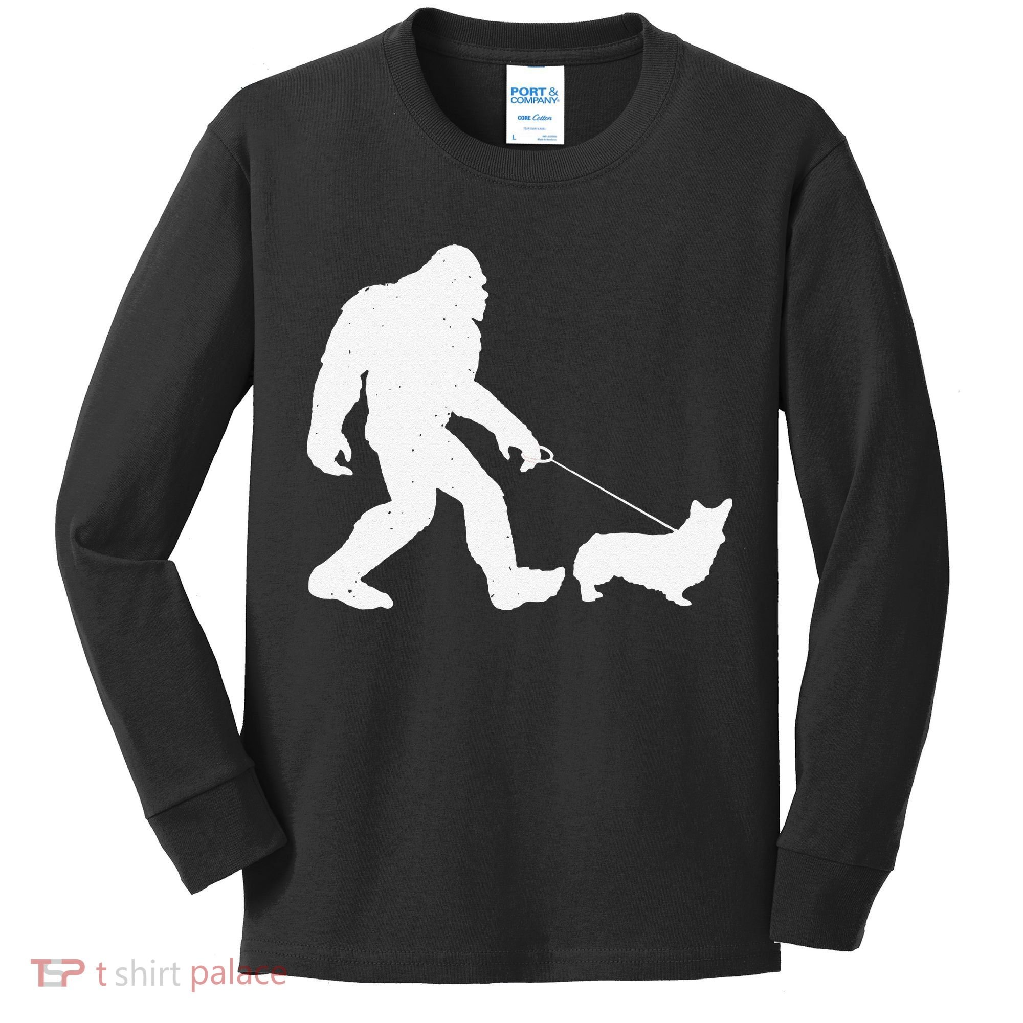Bigfoot Walking Corgi Dog Funny Gift Kids Long Sleeve Shirt