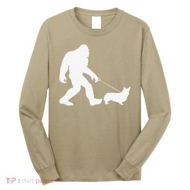Bigfoot Walking Corgi Dog Funny Gift Long Sleeve Shirt