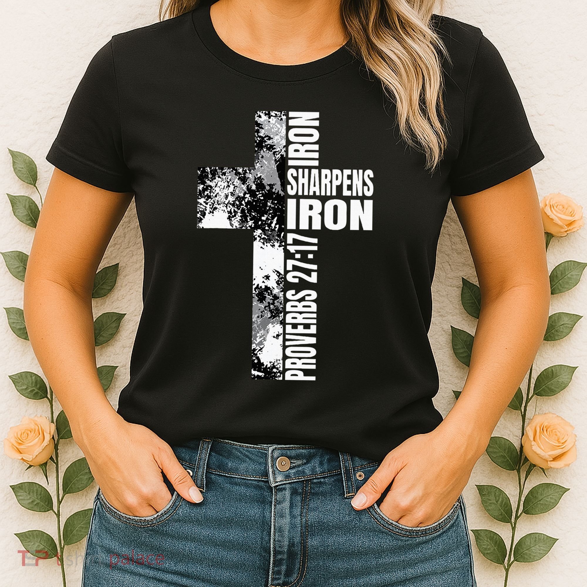 Black White Cross Iron Sharpens Iron Verse Christian Couples Women's T-Shirt