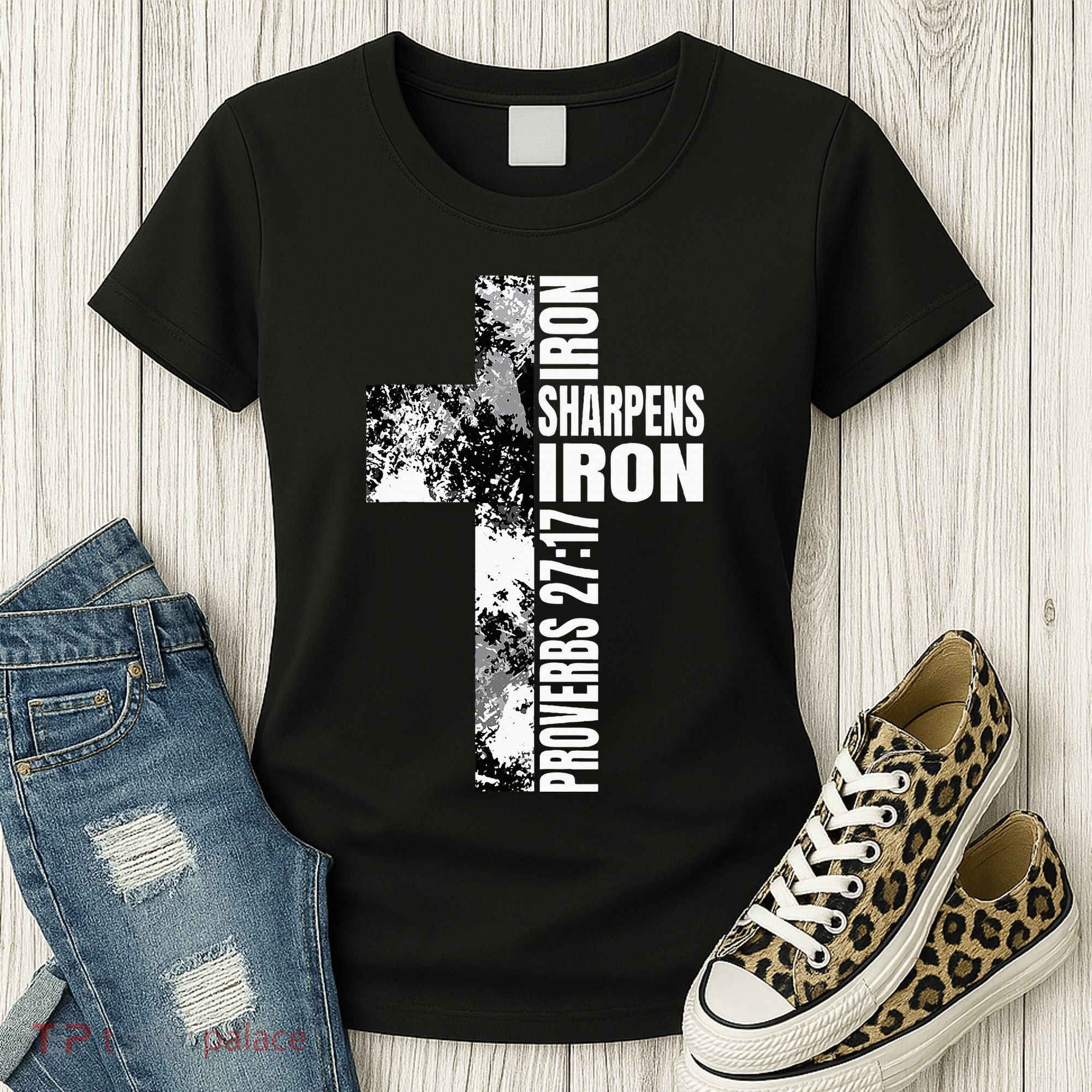 Black White Cross Iron Sharpens Iron Verse Christian Couples Women's T-Shirt
