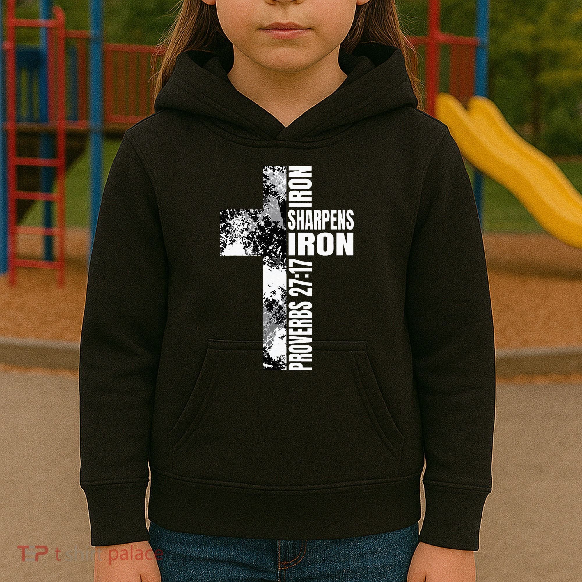 Black White Cross Iron Sharpens Iron Verse Christian Couples Kids Hoodie
