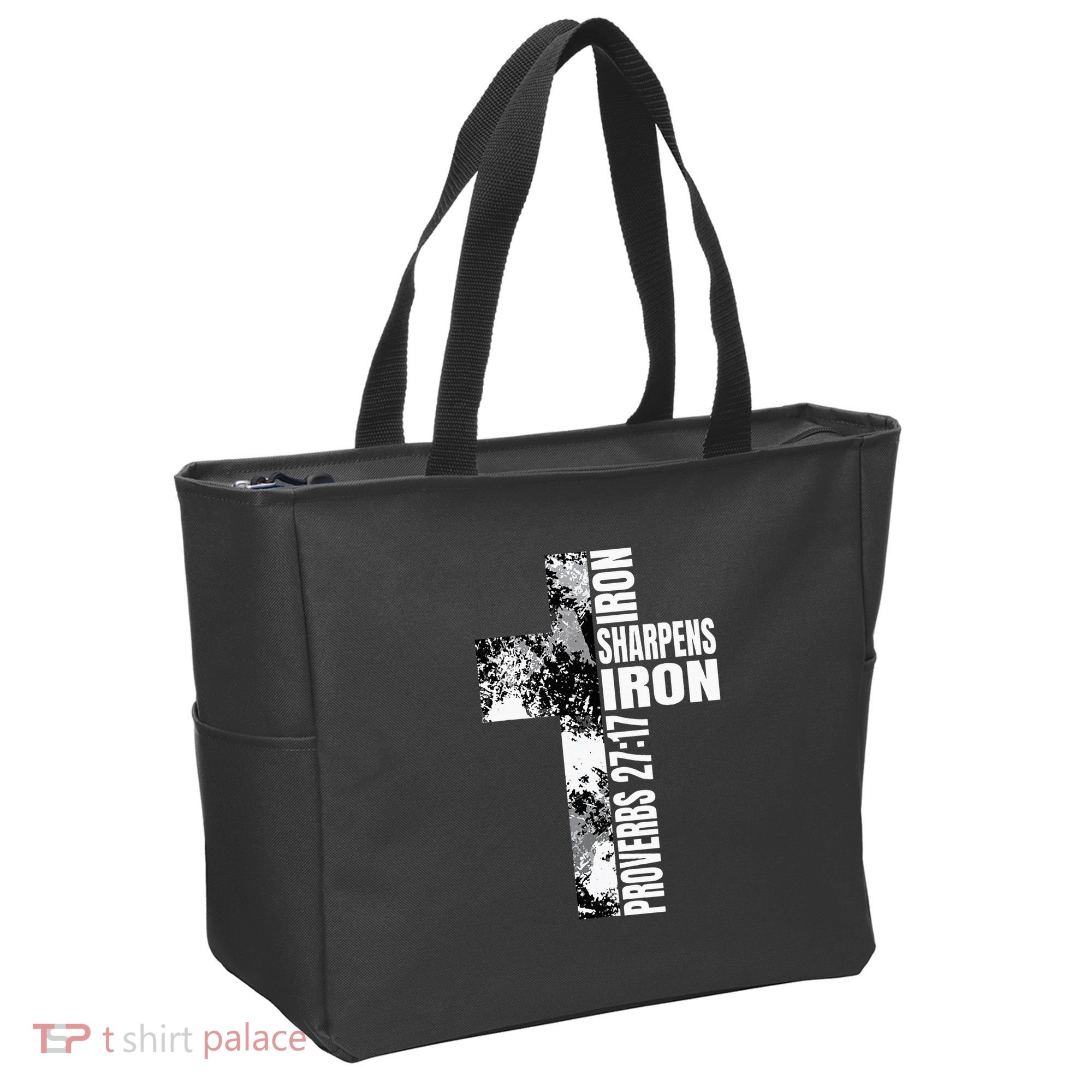Black White Cross Iron Sharpens Iron Verse Christian Couples Tote Bag