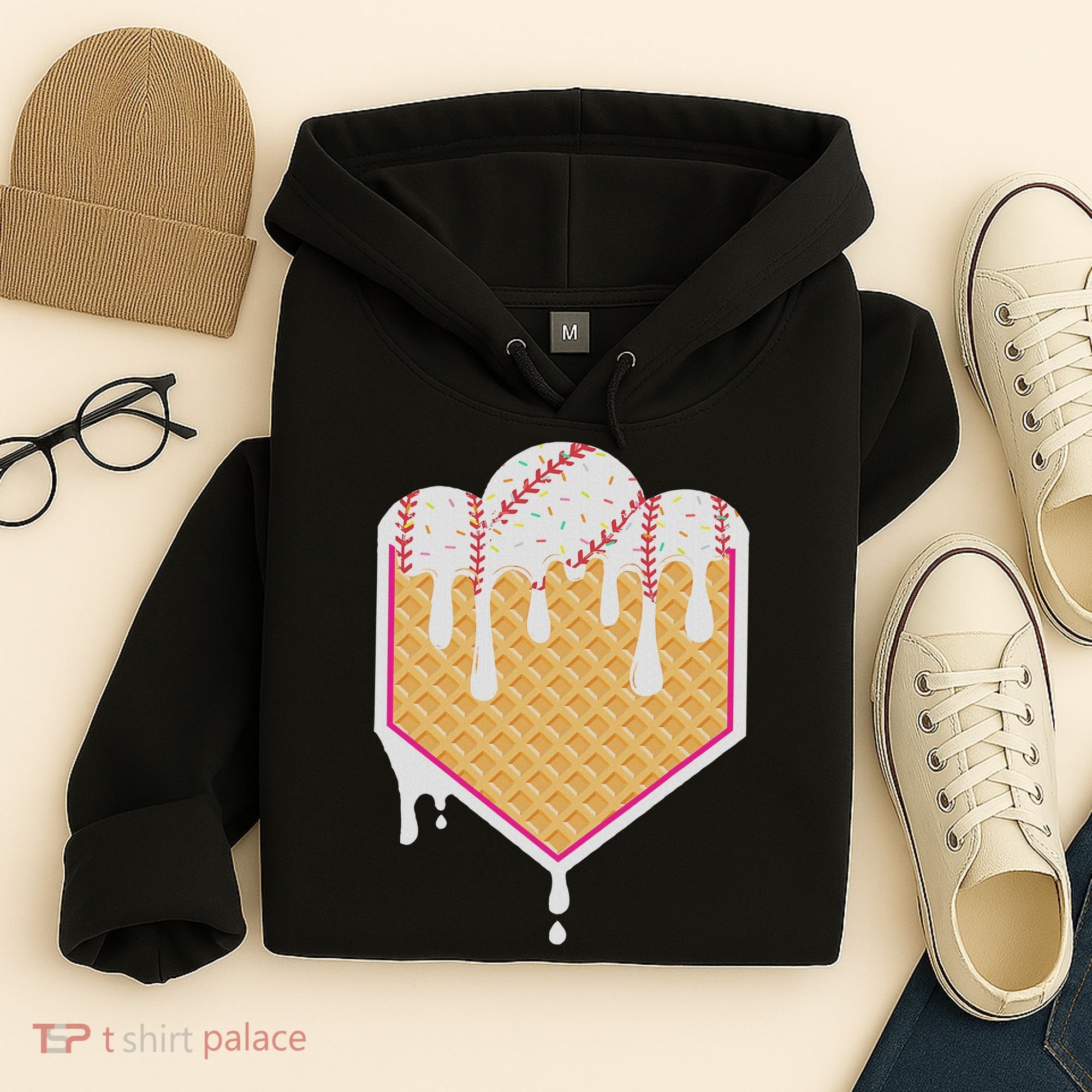 Baseball Waffle Cone Home Plate With Ice Cream Drip Hoodie