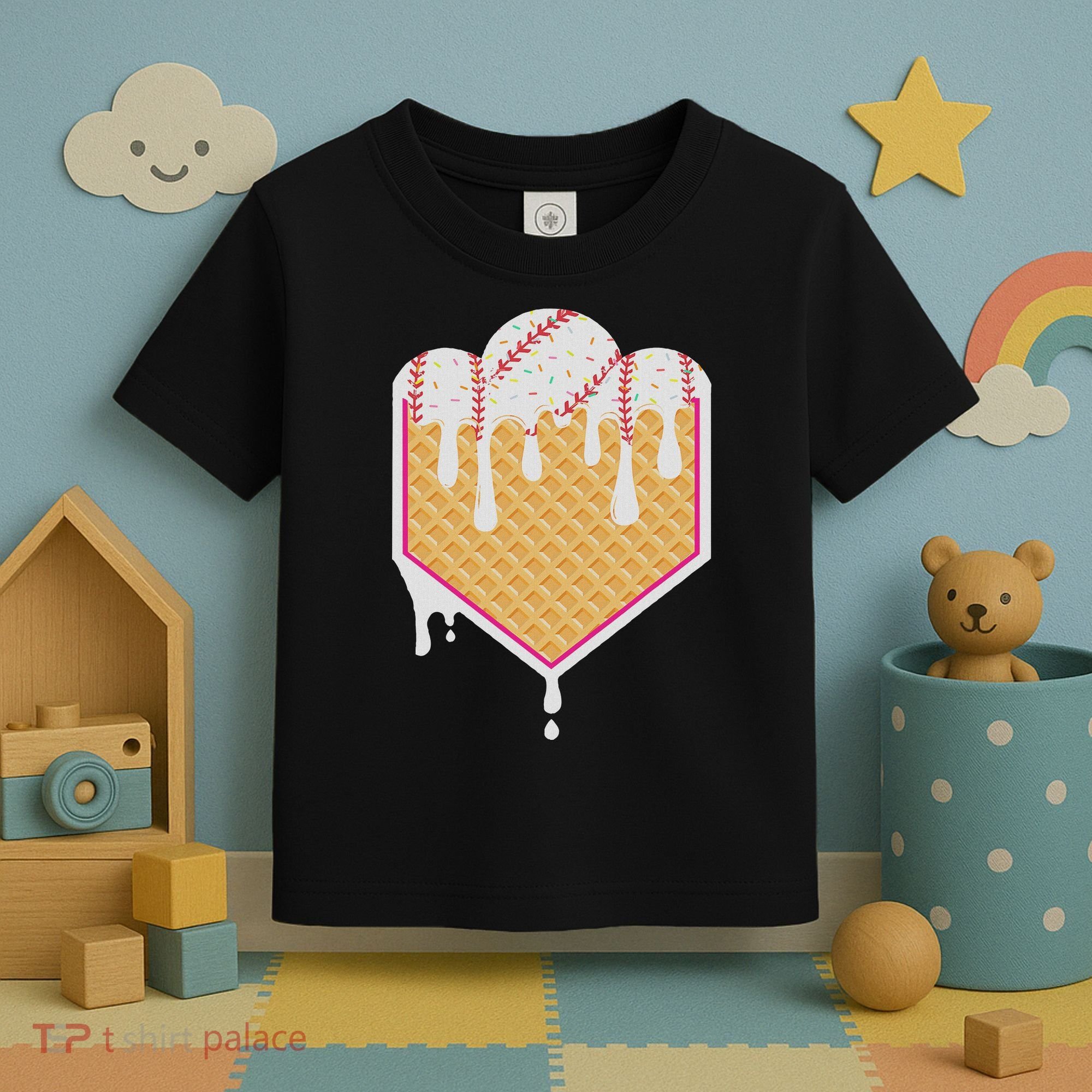 Baseball Waffle Cone Home Plate With Ice Cream Drip Toddler T-Shirt