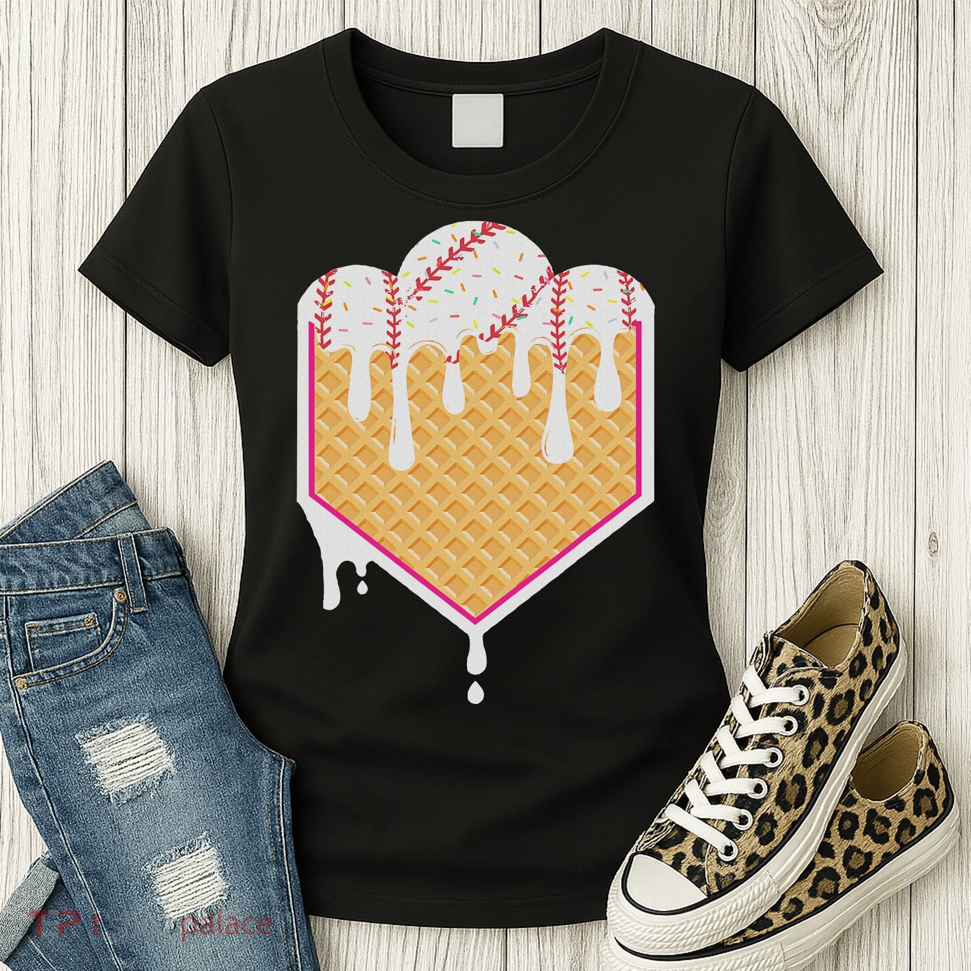 Baseball Waffle Cone Home Plate With Ice Cream Drip Women's T-Shirt