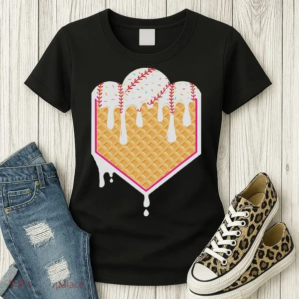 Baseball Waffle Cone Home Plate With Ice Cream Drip Women's T-Shirt