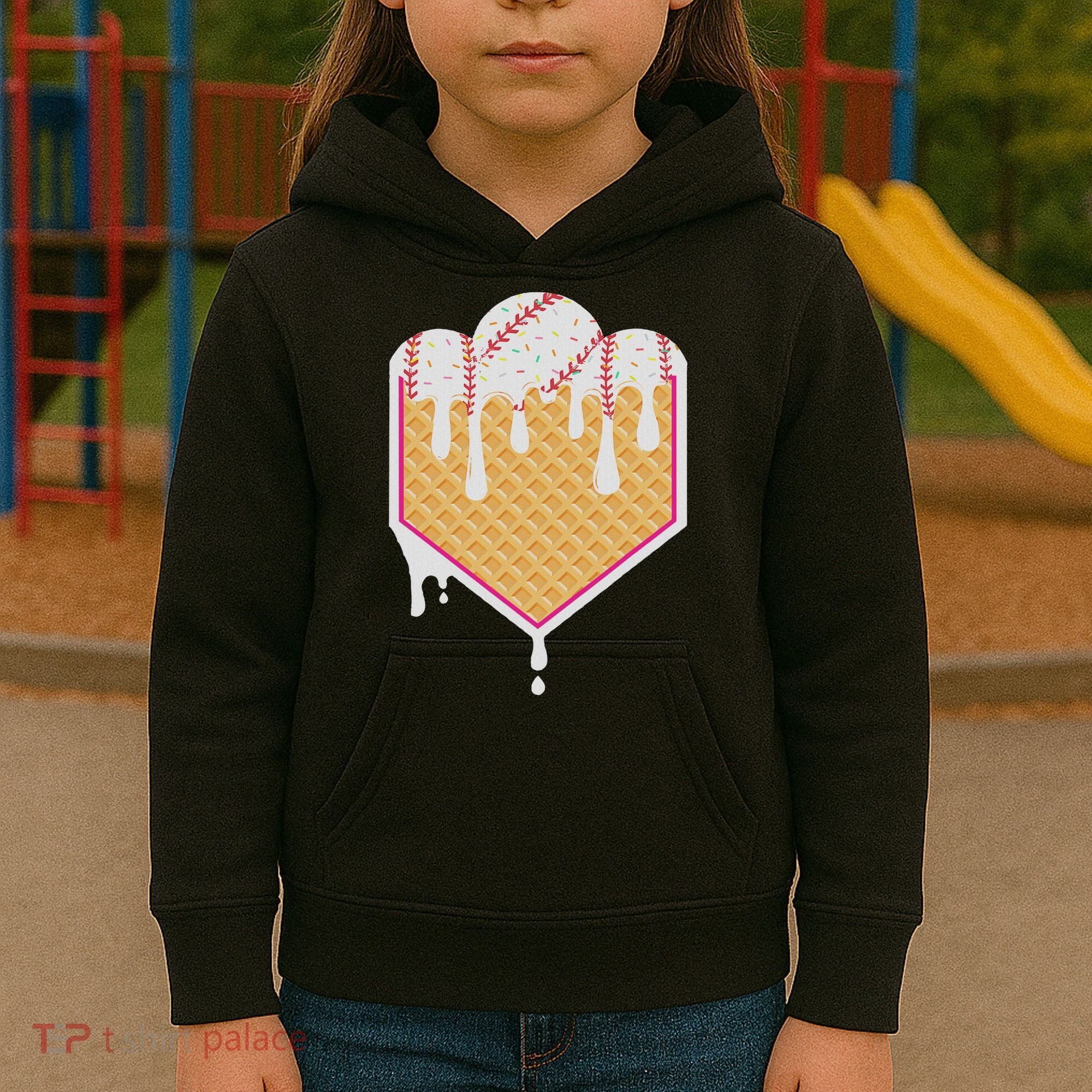 Baseball Waffle Cone Home Plate With Ice Cream Drip Kids Hoodie