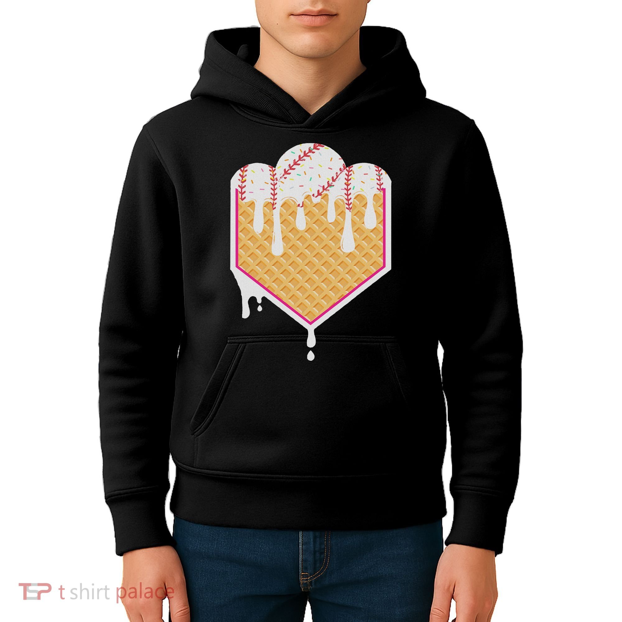 Baseball Waffle Cone Home Plate With Ice Cream Drip Kids Hoodie