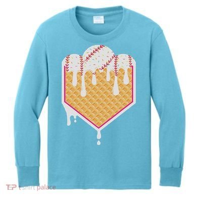 Baseball Waffle Cone Home Plate With Ice Cream Drip Kids Long Sleeve Shirt