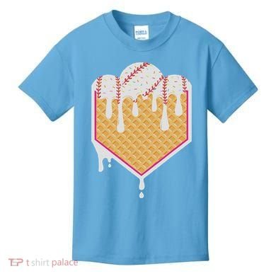 Baseball Waffle Cone Home Plate With Ice Cream Drip Kids T-Shirt