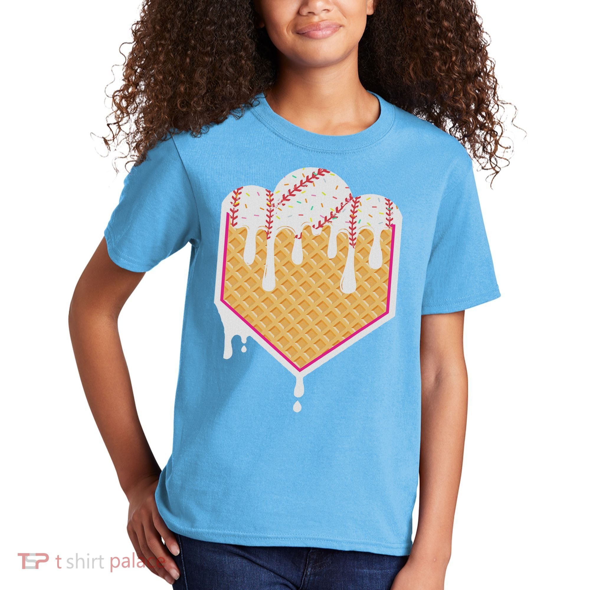 Baseball Waffle Cone Home Plate With Ice Cream Drip Kids T-Shirt