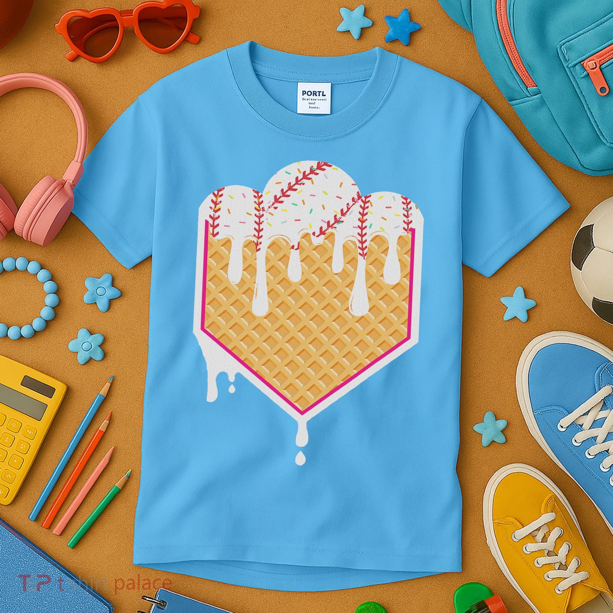 Baseball Waffle Cone Home Plate With Ice Cream Drip Kids T-Shirt