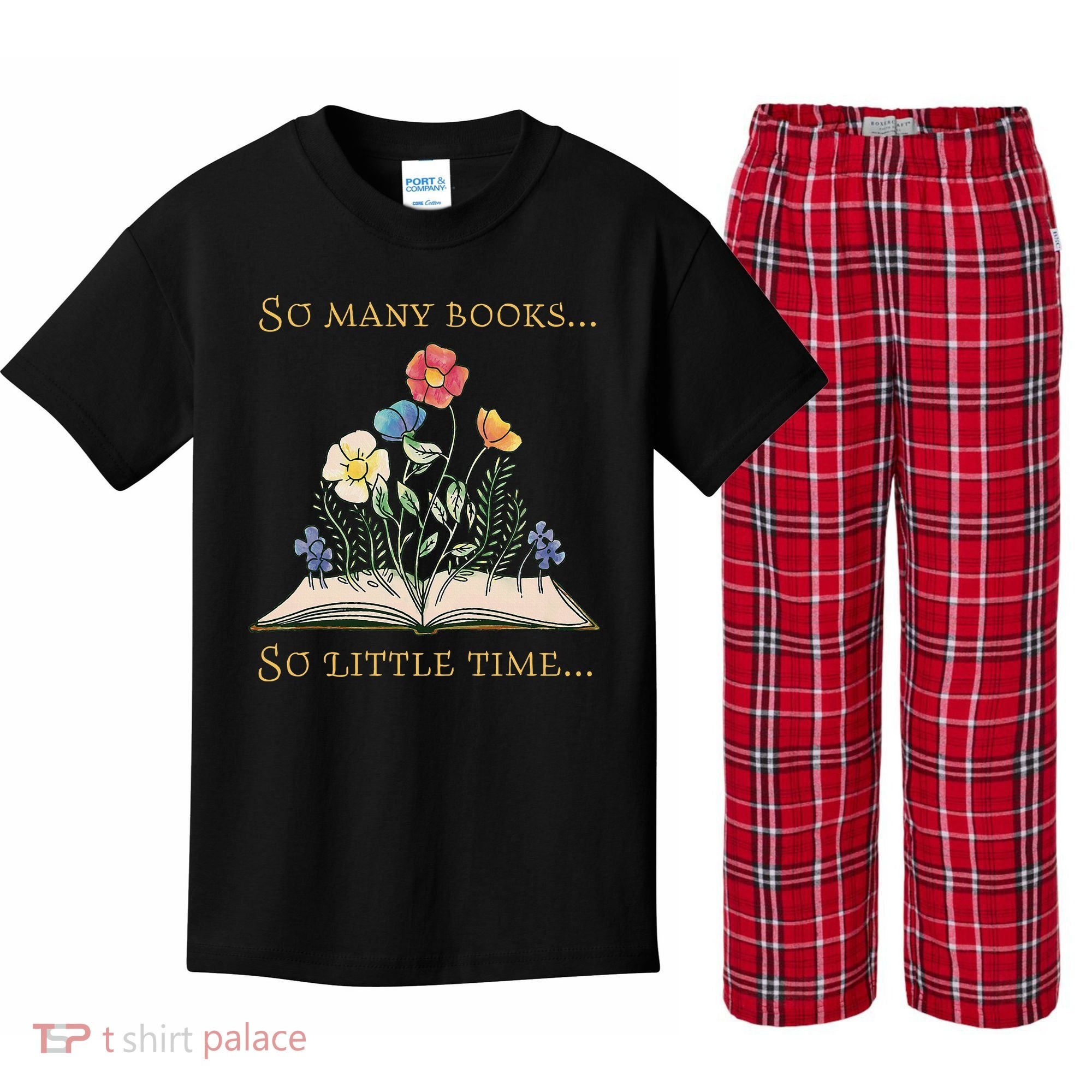 Book With Flower So Many Books Little Time Love To Read Kids Plaid Pajama Set