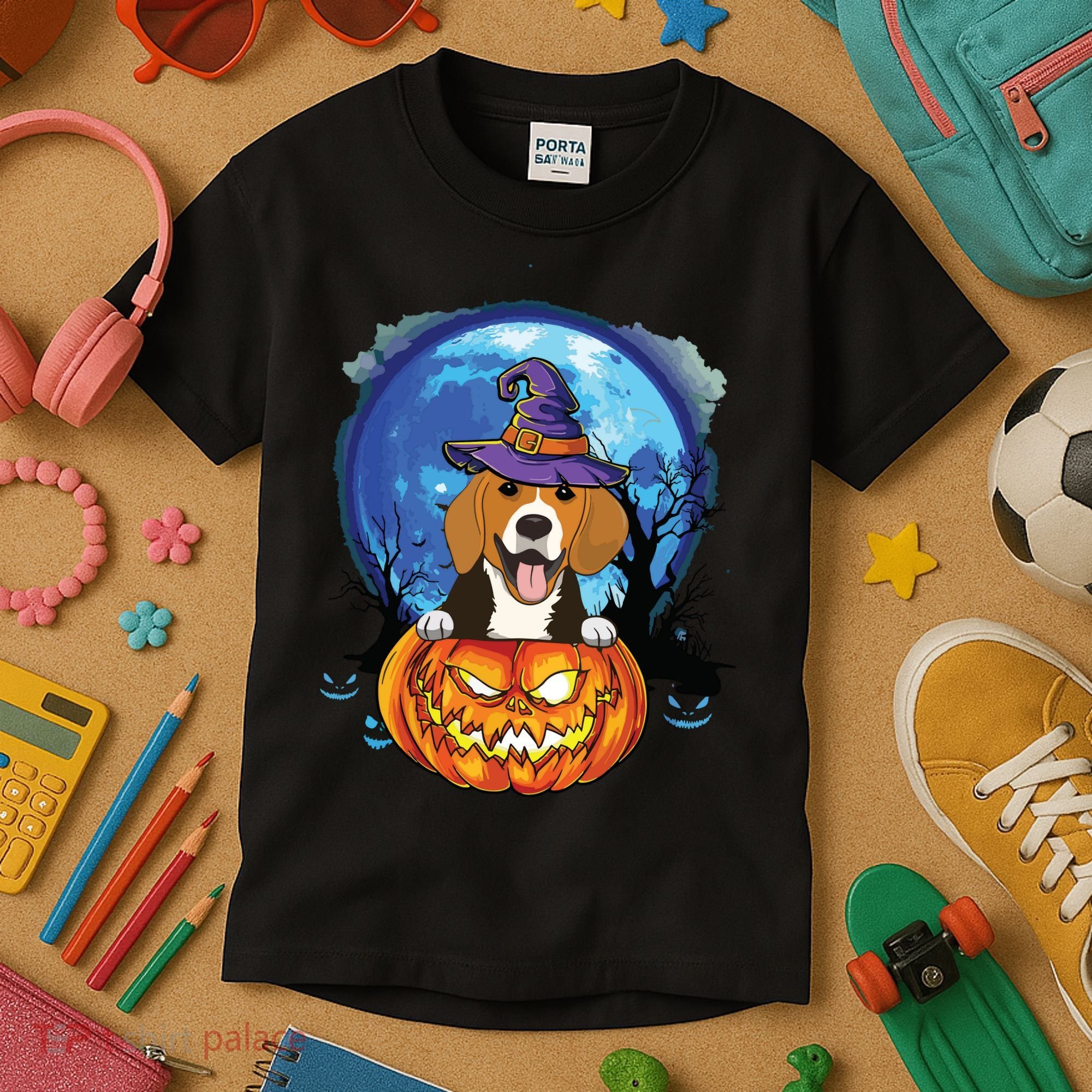 Beagle Witch Hat Pumpkin Scary Halloween Dog Lovers Kids T-Shirt