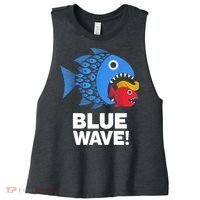 Blue Wave Kamala Funny Big Fish Eat Little Fish Trump Hair Women's Racerback Cropped Tank thumb 0