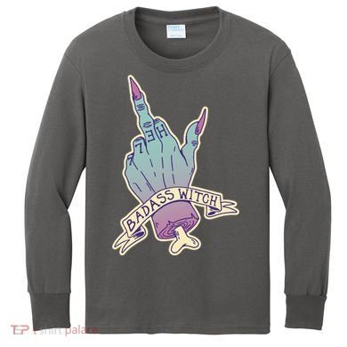 Badass Witch Middle Finger Kids Long Sleeve Shirt