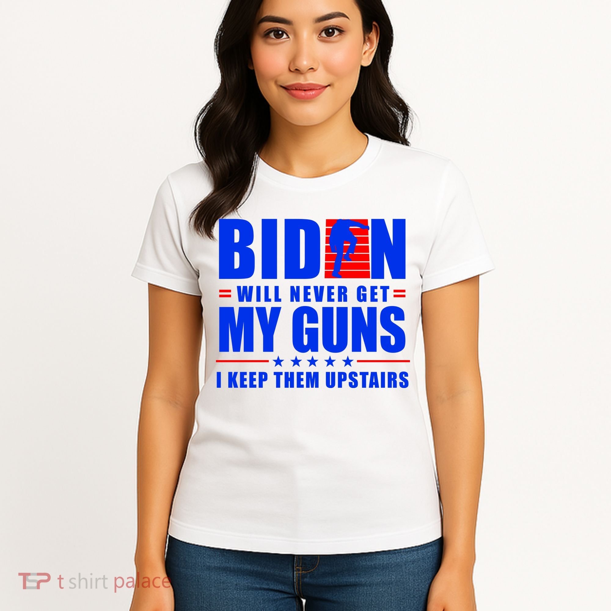Biden Will Never Take My Guns Away I Keep Them Upstairs Women's T-Shirt