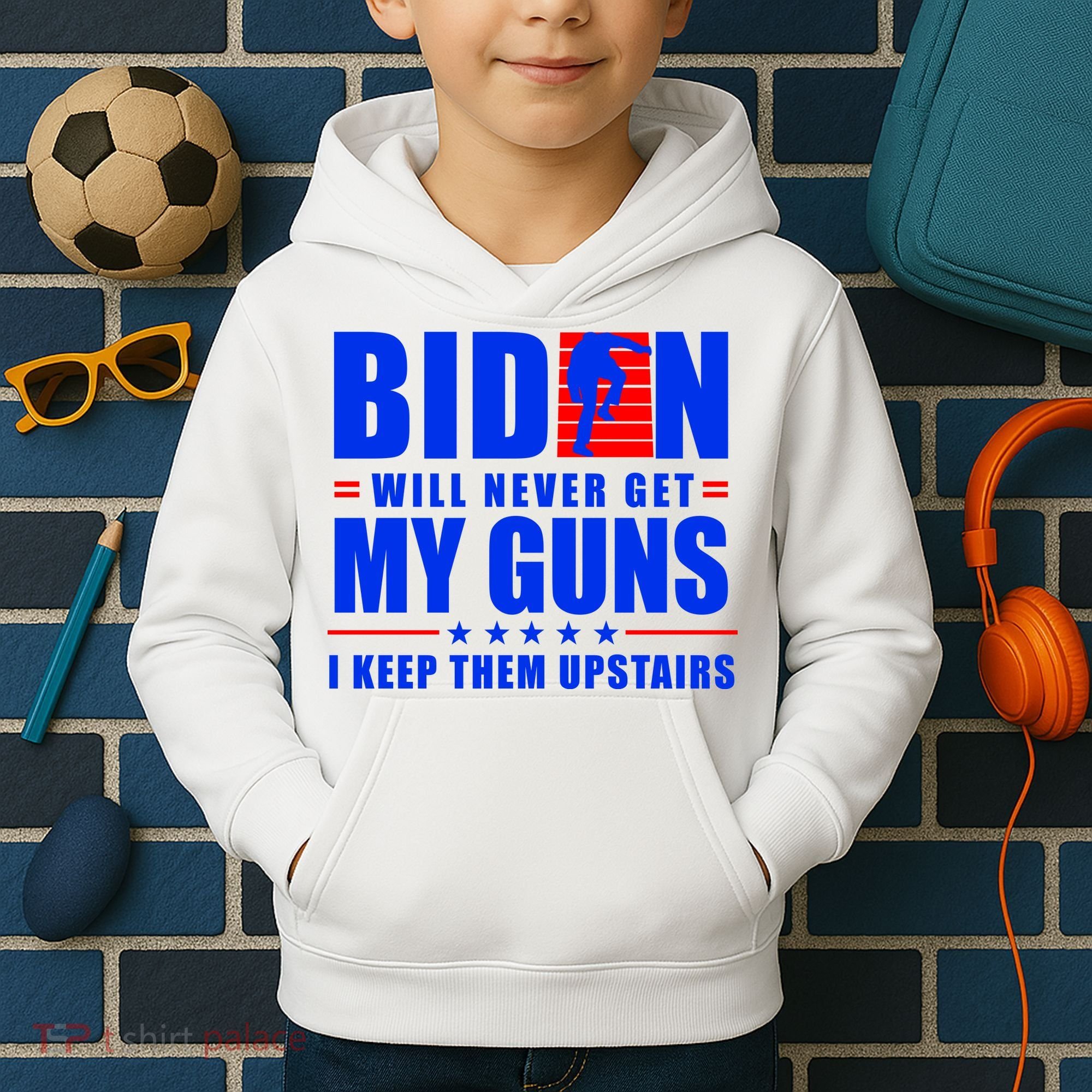 Biden Will Never Take My Guns Away I Keep Them Upstairs Kids Hoodie