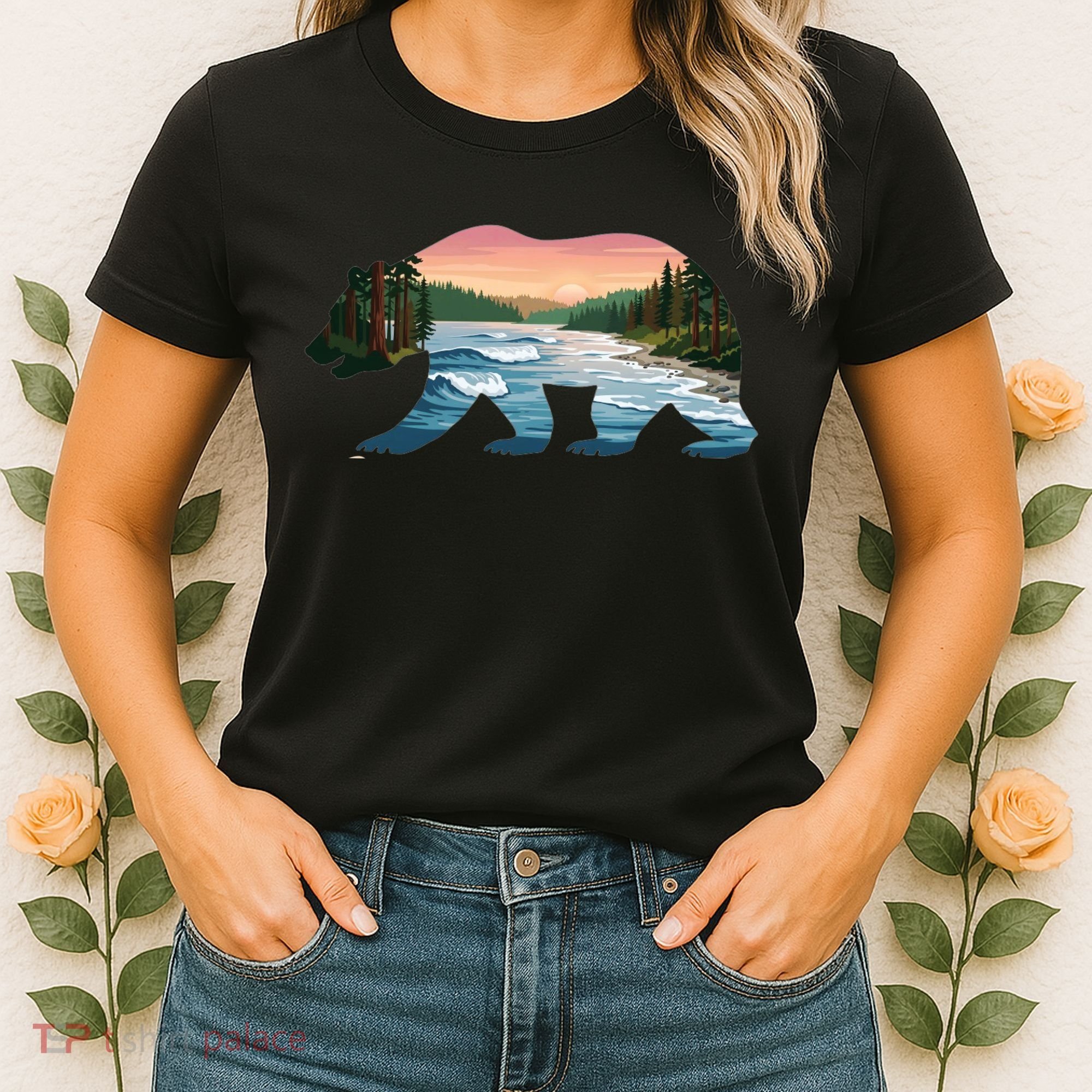 Bear Wildlife Nature River National Park Sunset  Women's T-Shirt