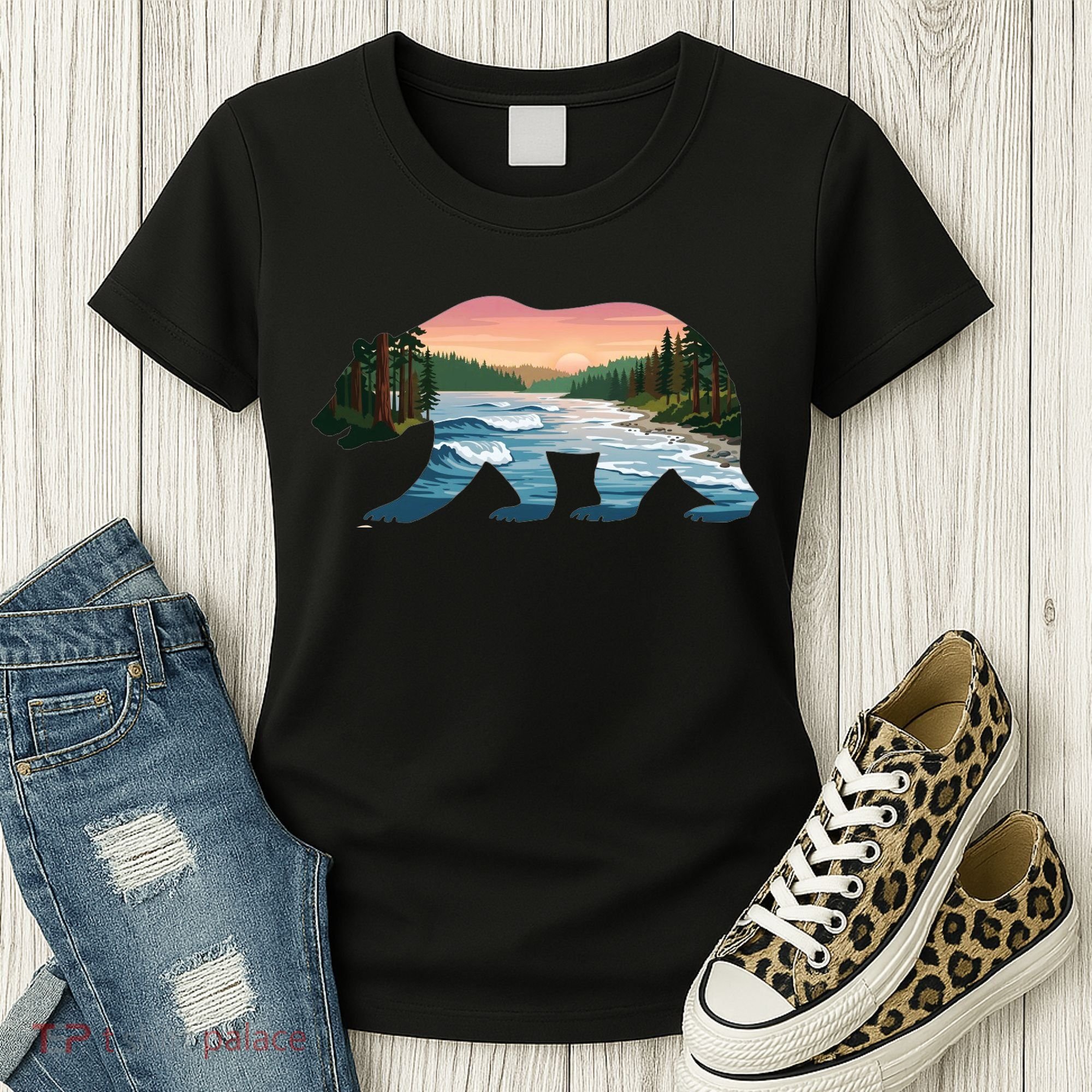 Bear Wildlife Nature River National Park Sunset  Women's T-Shirt