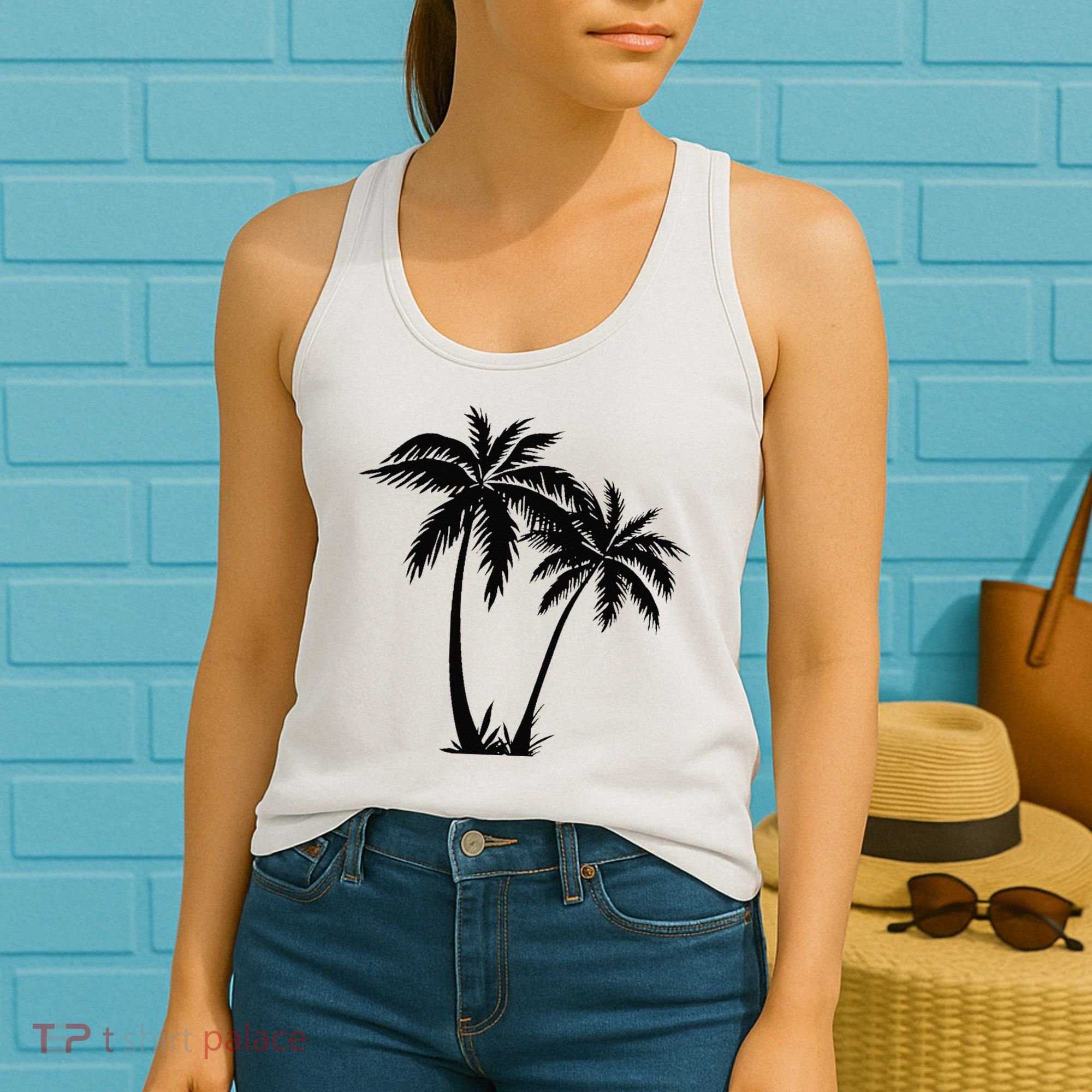 Black White Palm Trees Summer Sun Beach  Women's Tank Top