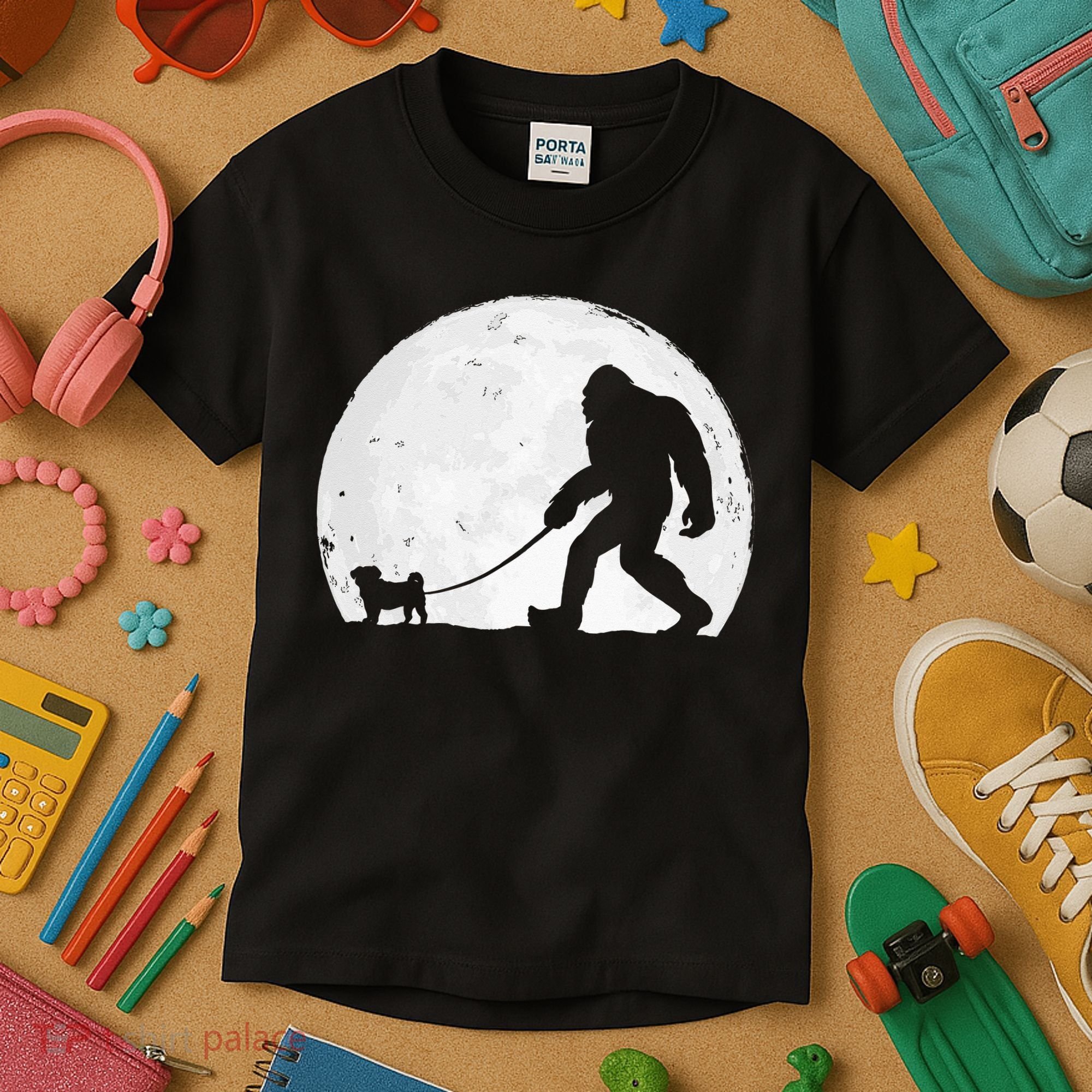 Bigfoot Walks Pug Funny Pug Funny Bigfoot Pug Lover Pug Kids T-Shirt