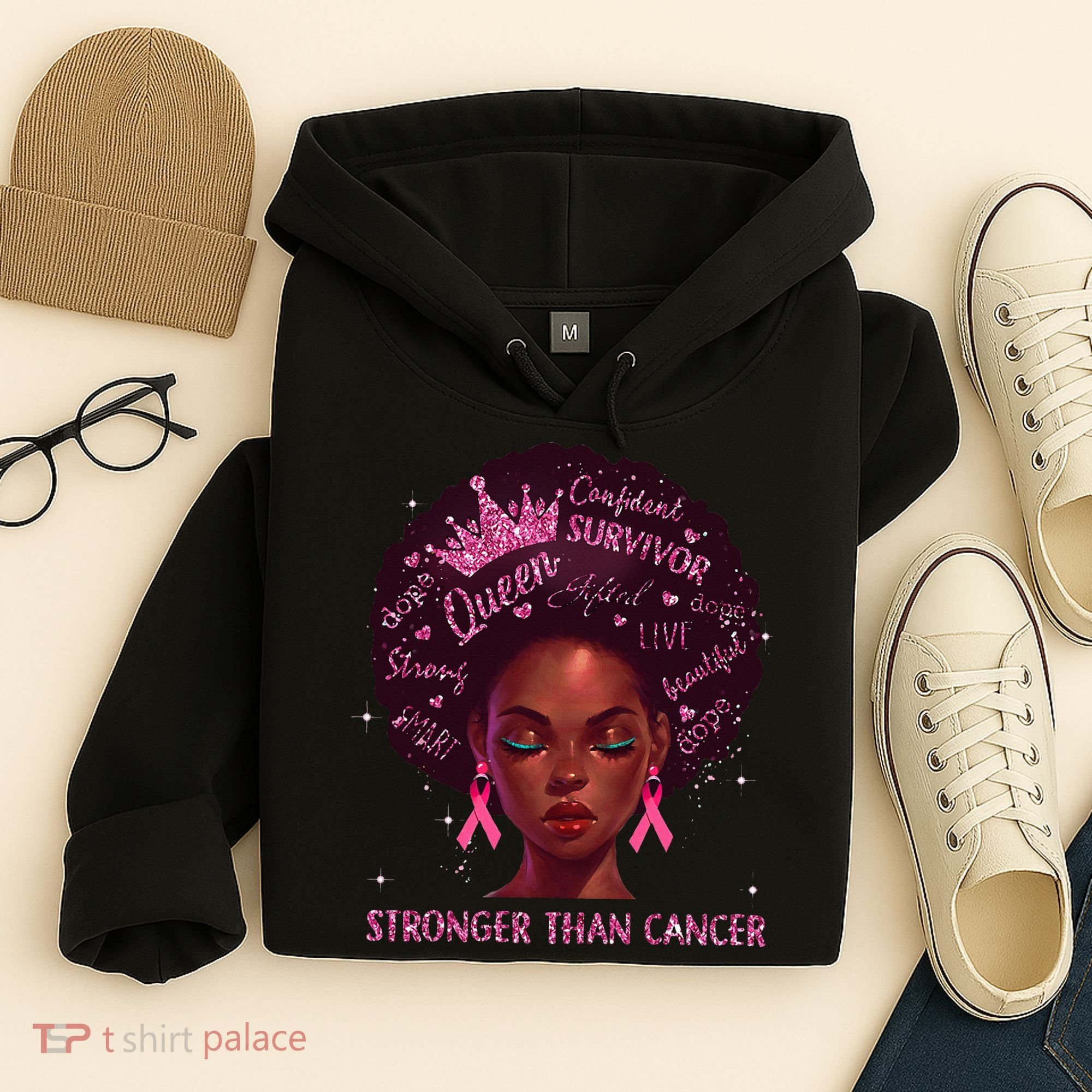 Black Women Queen Stronger Than Breast Cancer Ribbon Hoodie