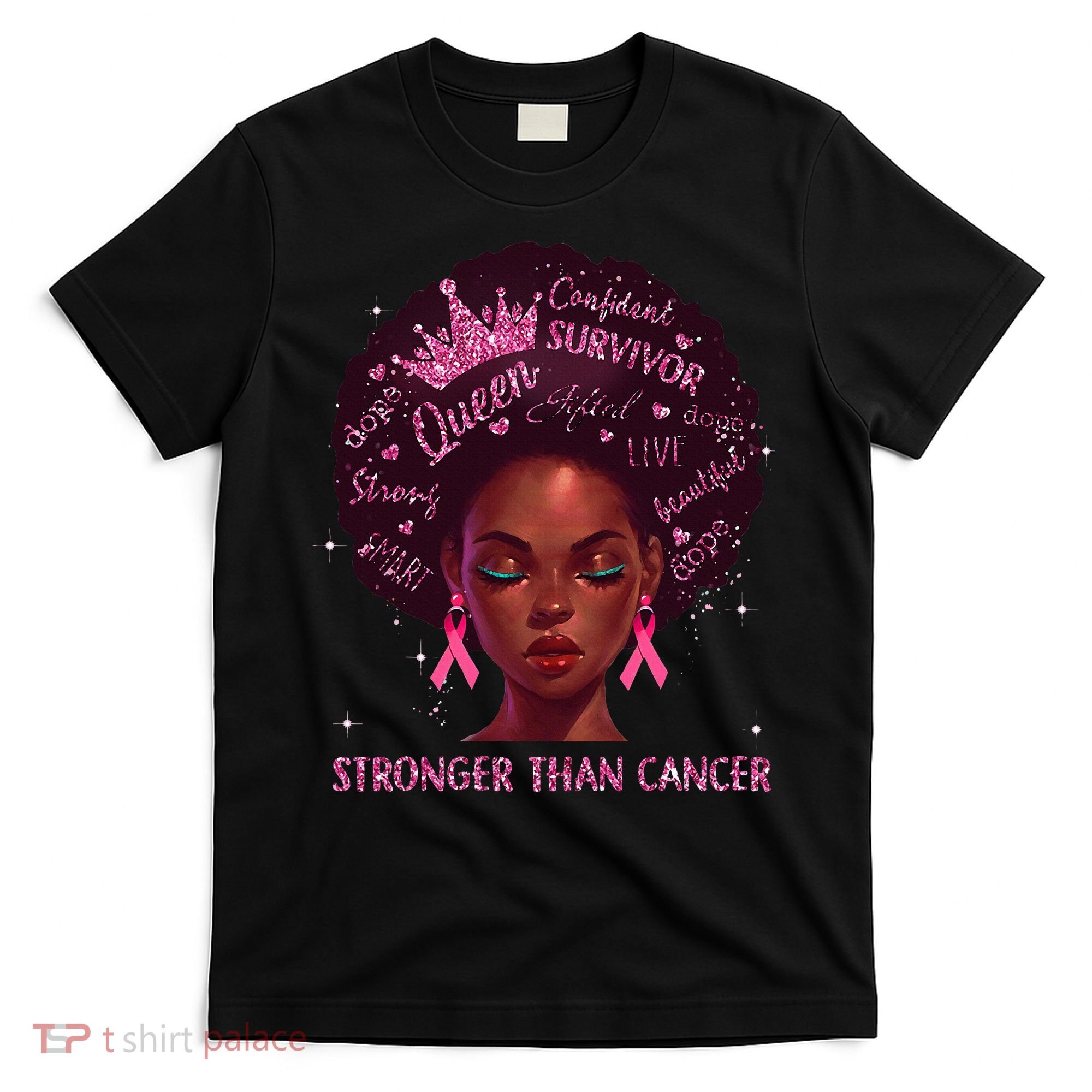 Black Women Queen Stronger Than Breast Cancer Ribbon T-Shirt