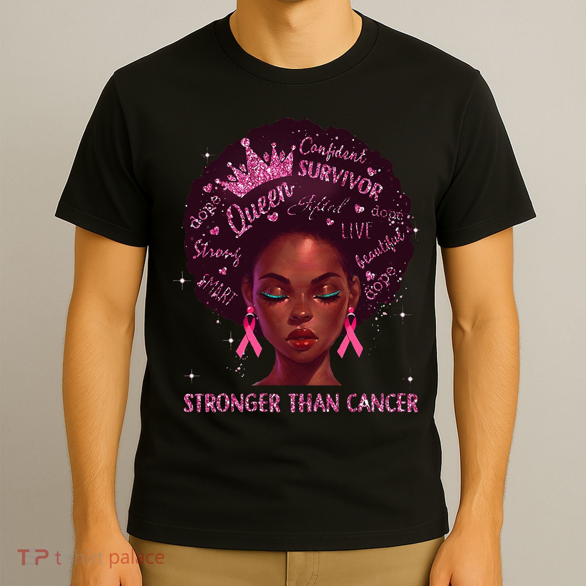 Black Women Queen Stronger Than Breast Cancer Ribbon T-Shirt