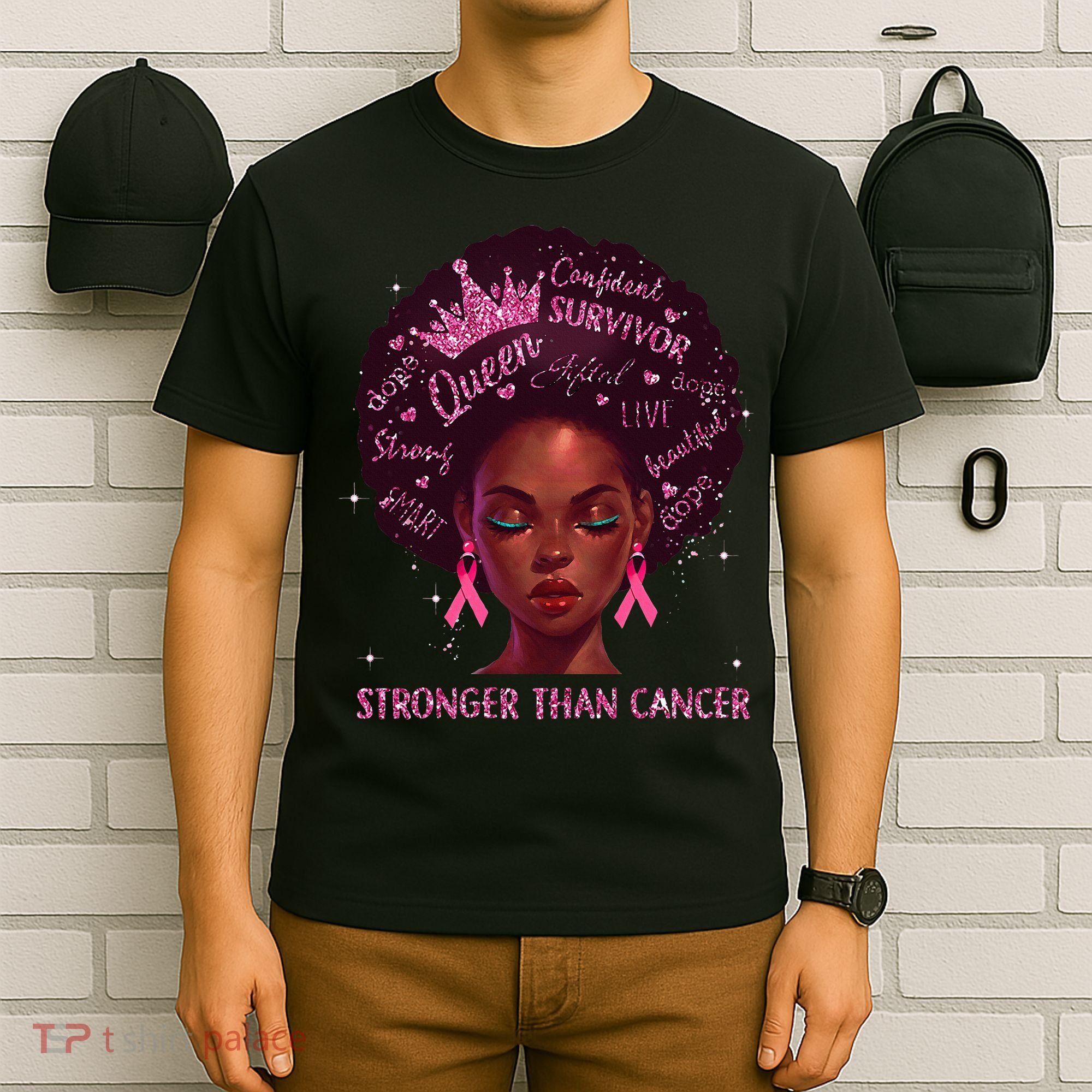 Black Women Queen Stronger Than Breast Cancer Ribbon T-Shirt