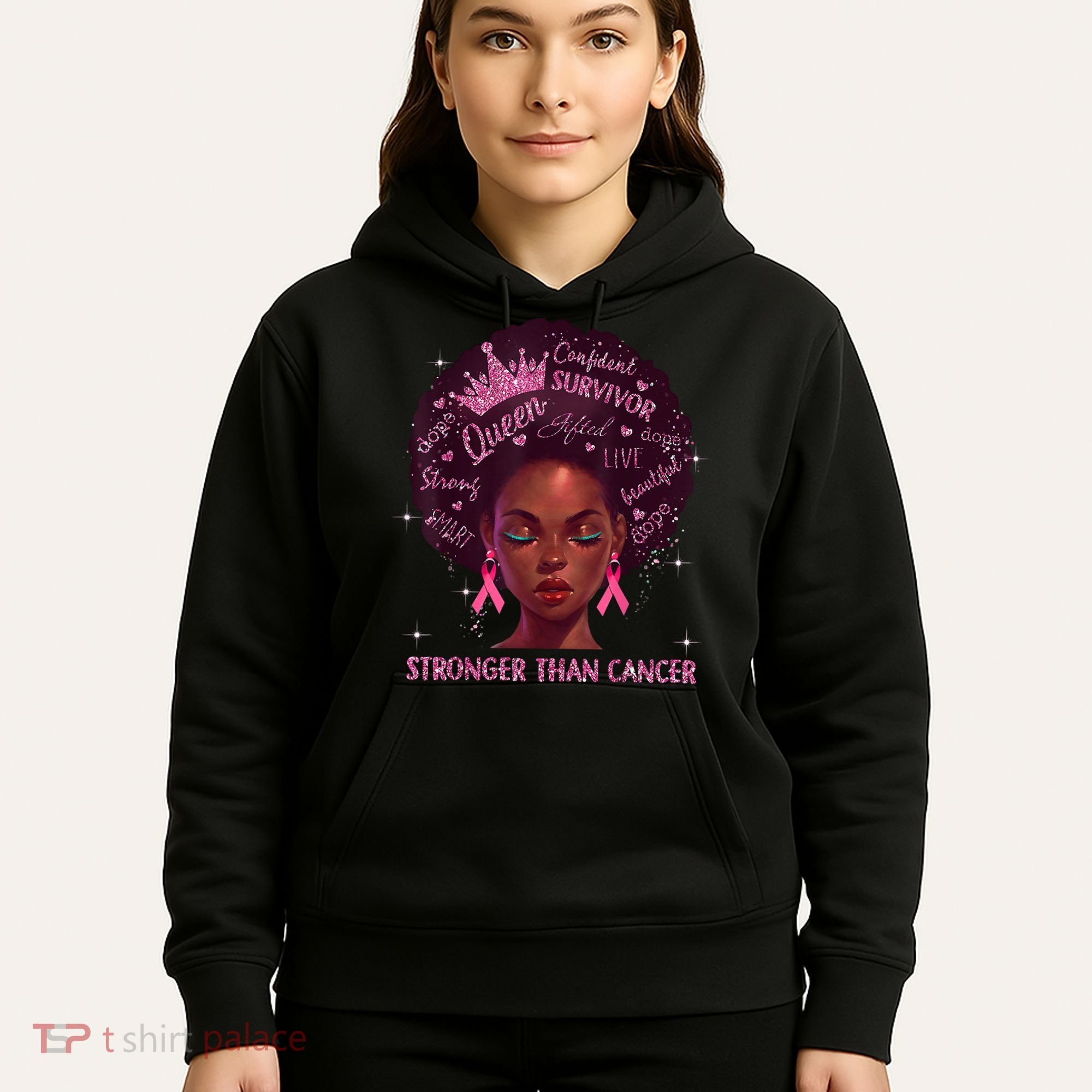 Black Women Queen Stronger Than Breast Cancer Pink Ribbon Hoodie