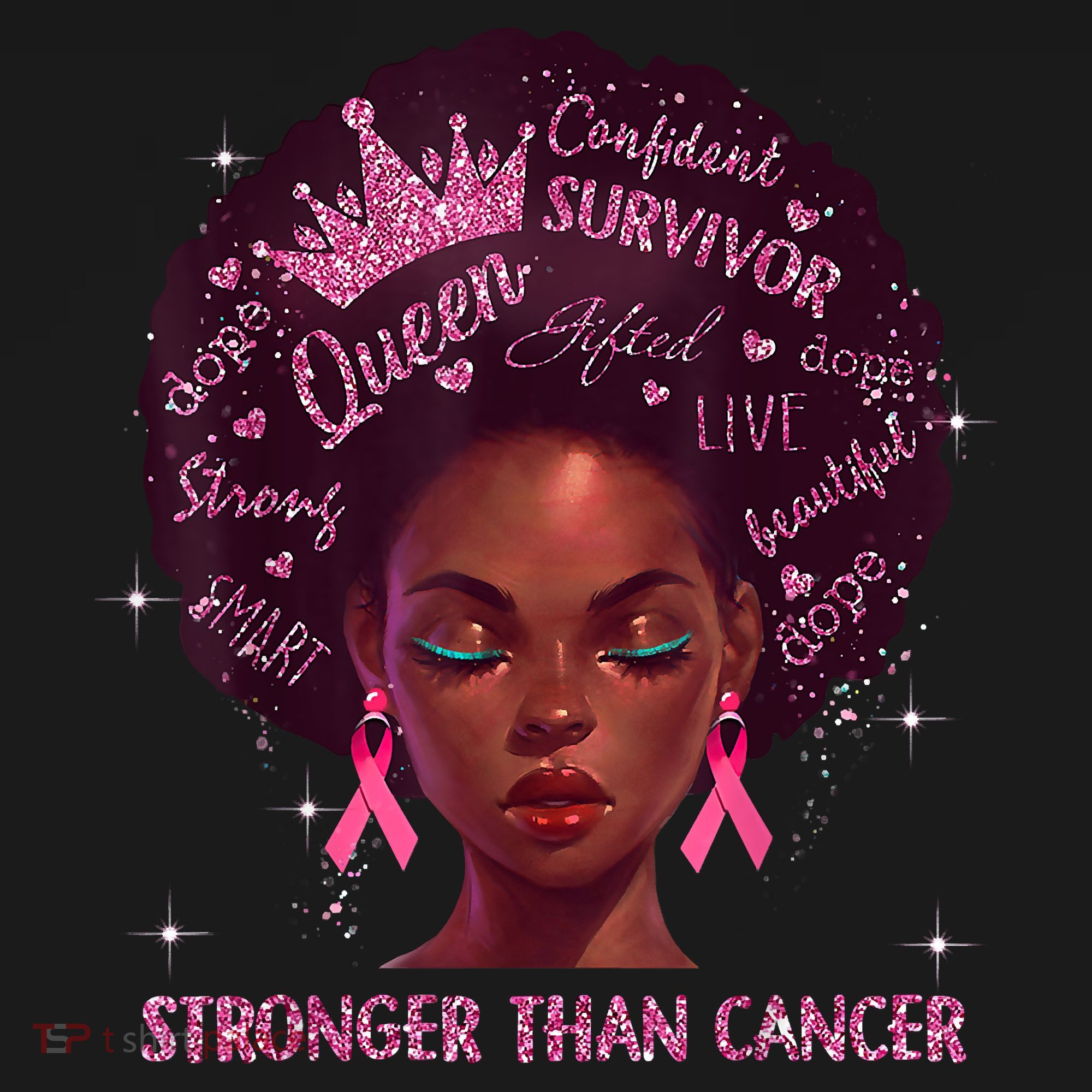 Black Women Queen Stronger Than Breast Cancer Pink Ribbon T-Shirt