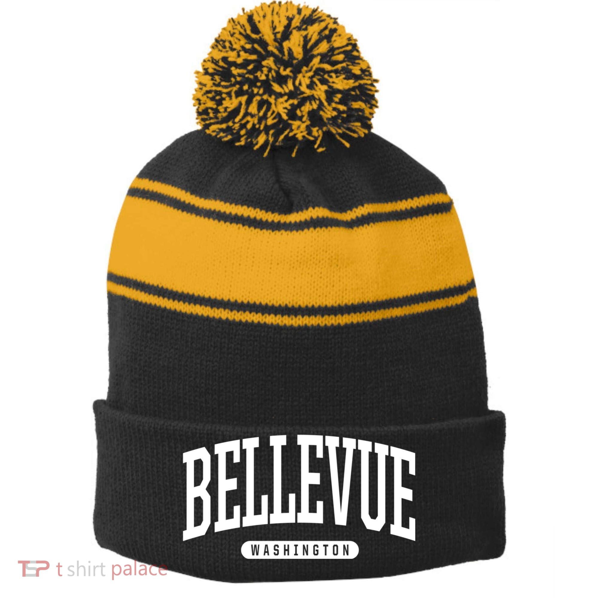Bellevue Washington Souvenirs College Style Bellevue Washington Souvenir Gift Stripe Pom Pom Beanie