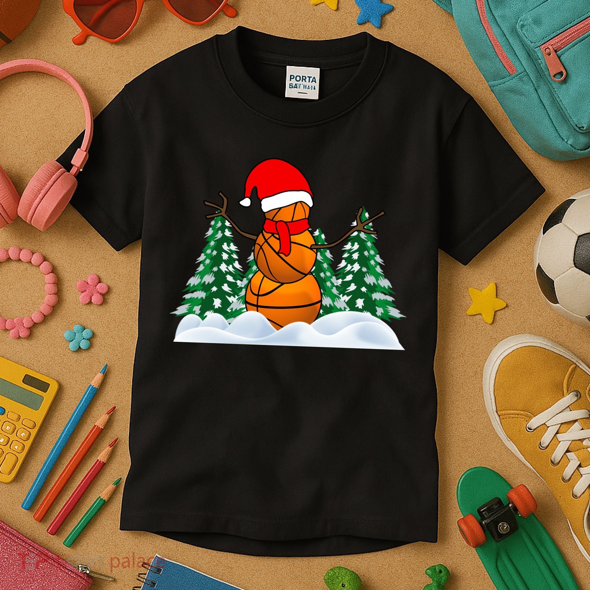 Basketball Winter Snowman Santa Kids T-Shirt