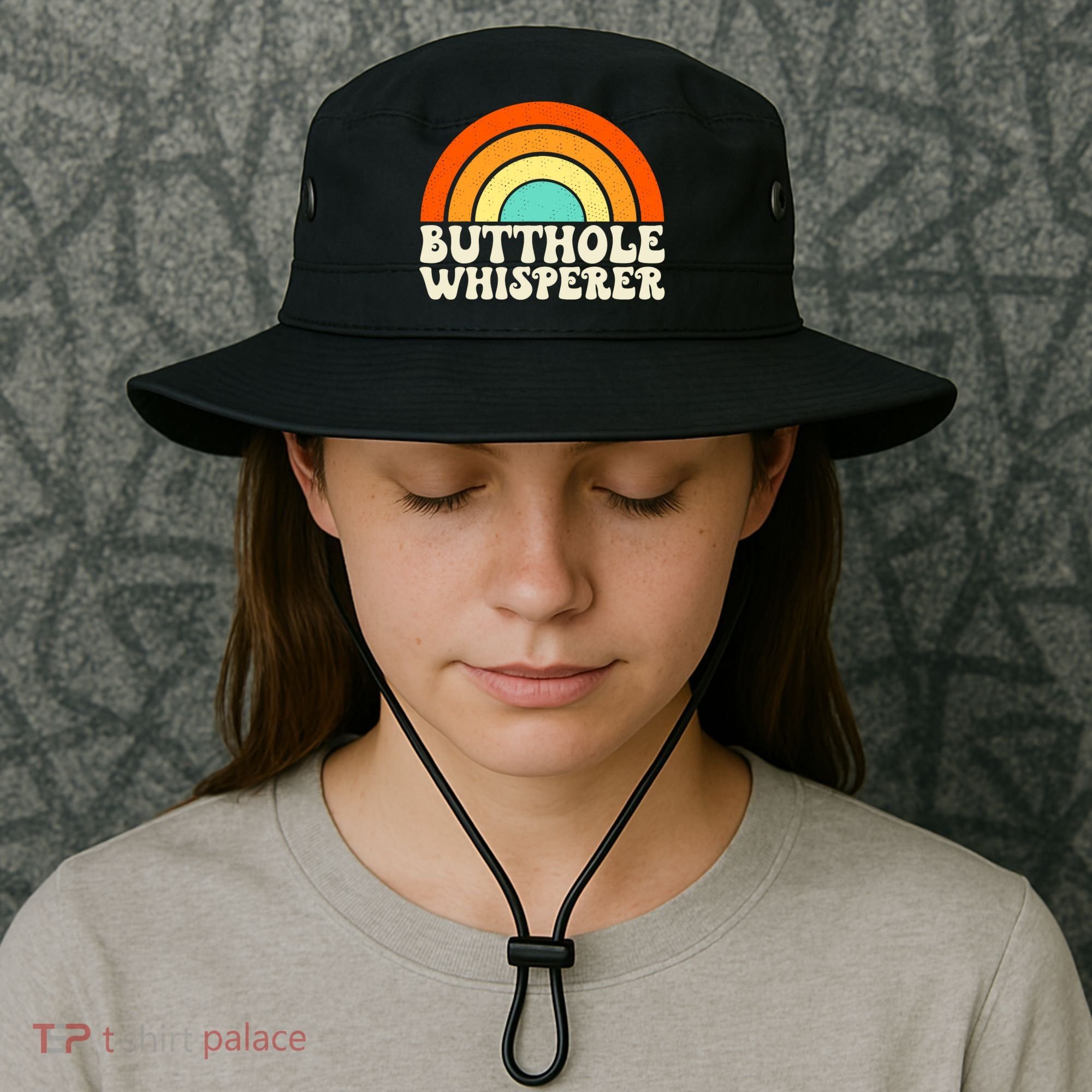 Butthole Whisperer Sarcastic Jokes Retro Groovy Rainbow Bucket Hat