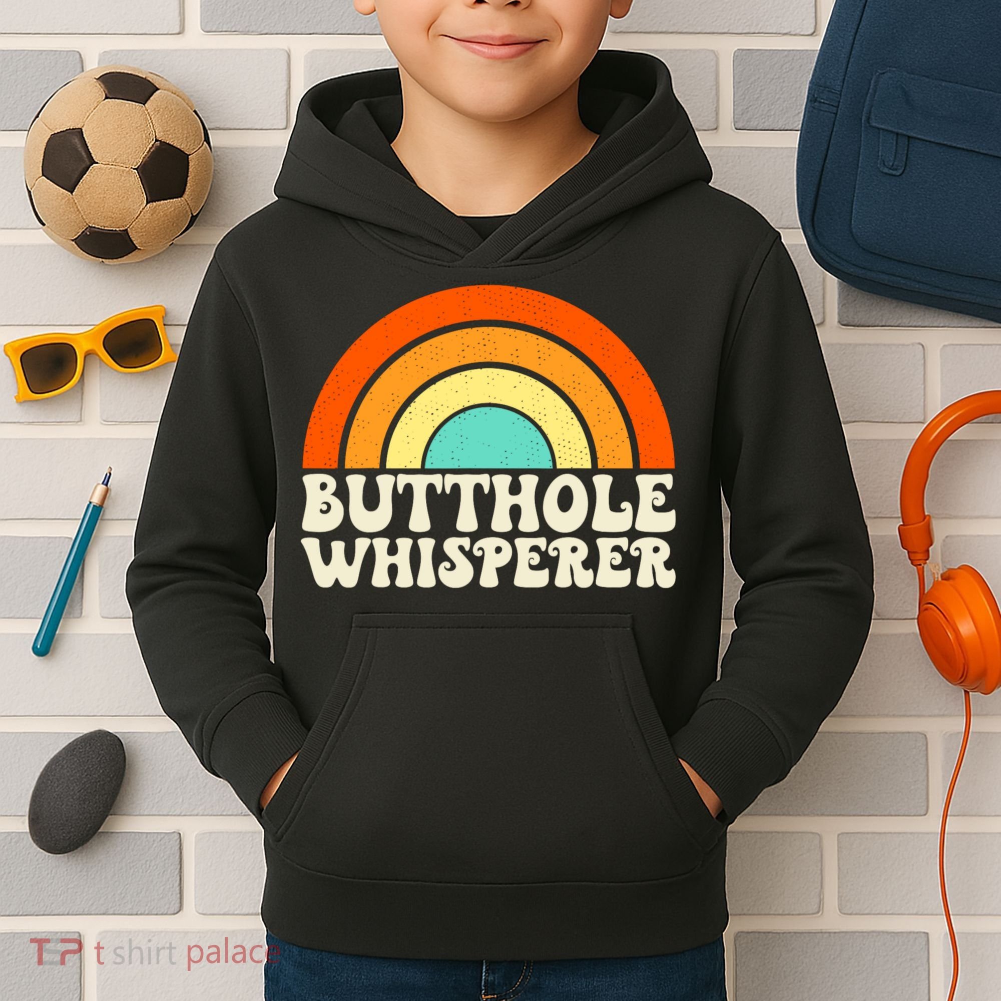 Butthole Whisperer Sarcastic Jokes Retro Groovy Rainbow Kids Hoodie