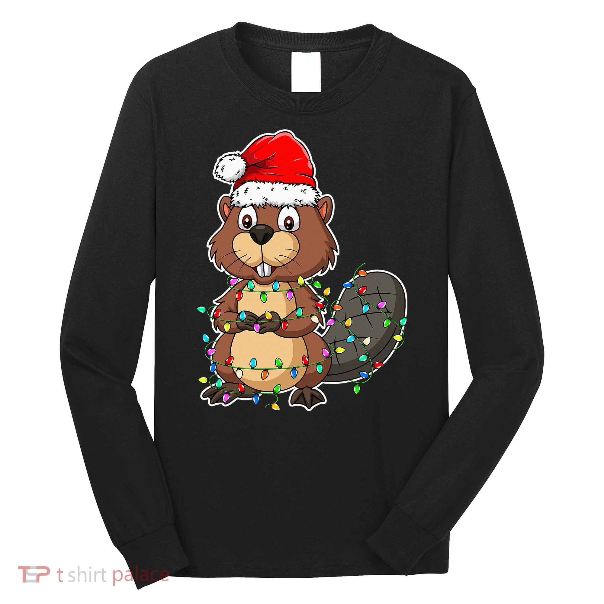 Beaver Wearing Santa Hat Xmas Funny Beaver Lover Christmas Long Sleeve Shirt