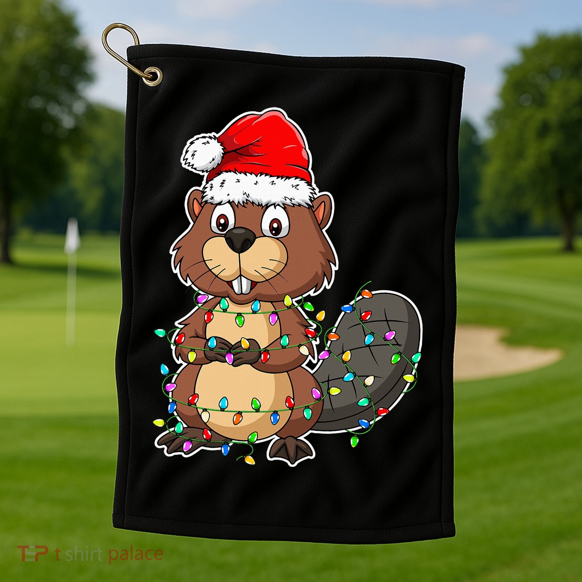 Beaver Wearing Santa Hat Xmas Funny Beaver Lover Christmas Golf Towel