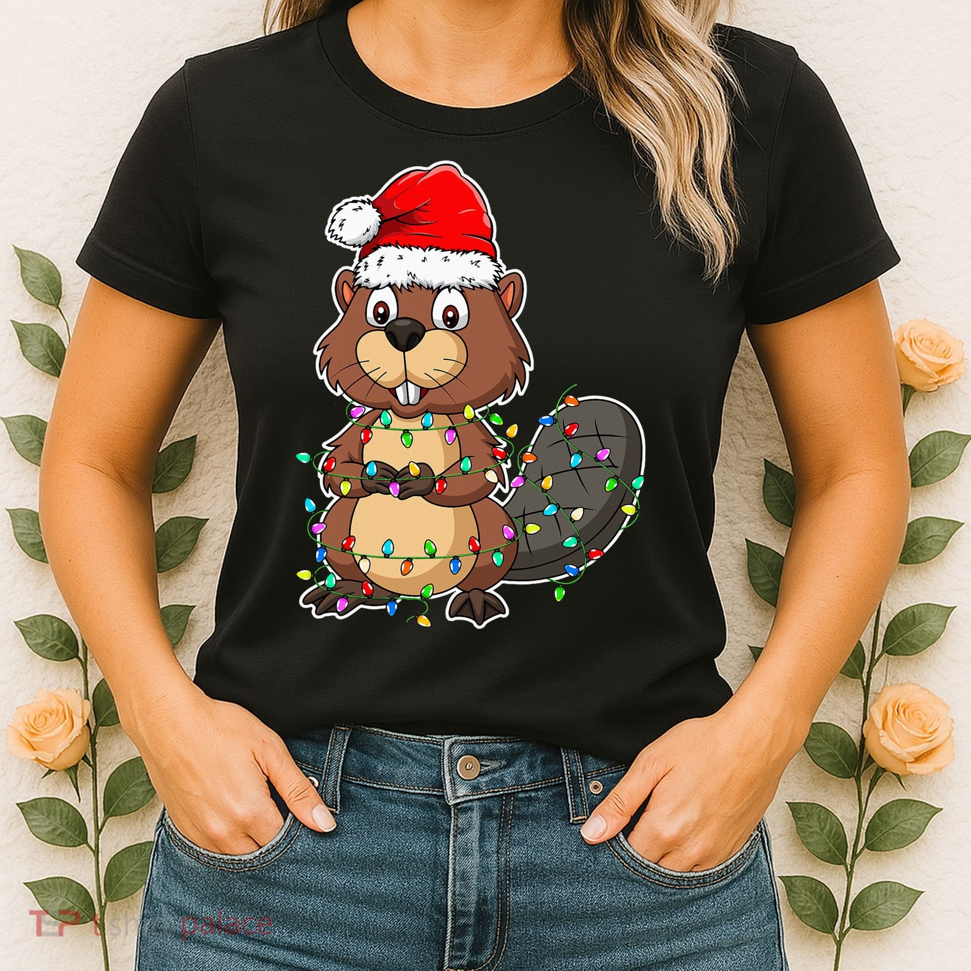 Beaver Wearing Santa Hat Xmas Funny Beaver Lover Christmas Women's T-Shirt