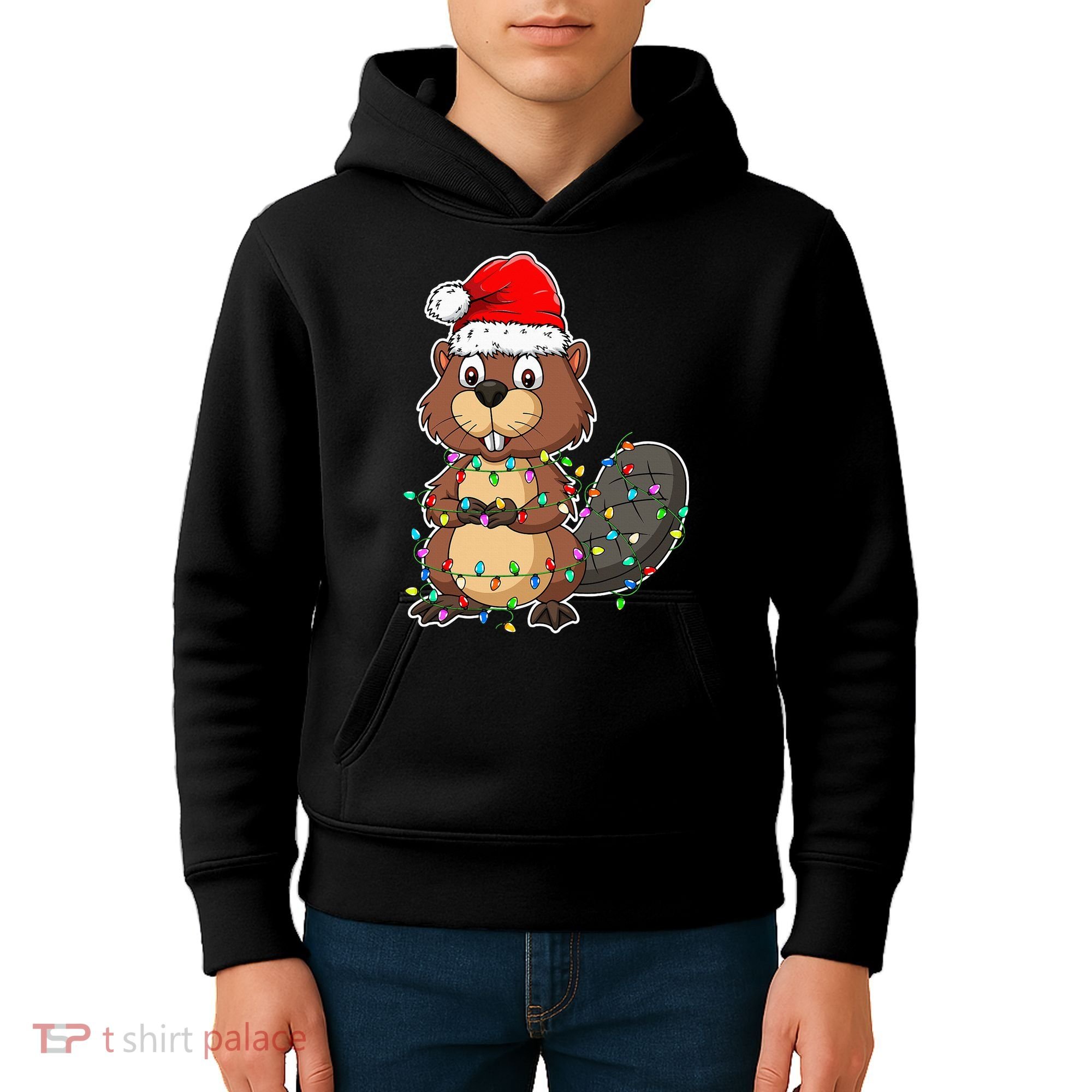 Beaver Wearing Santa Hat Xmas Funny Beaver Lover Christmas Kids Hoodie