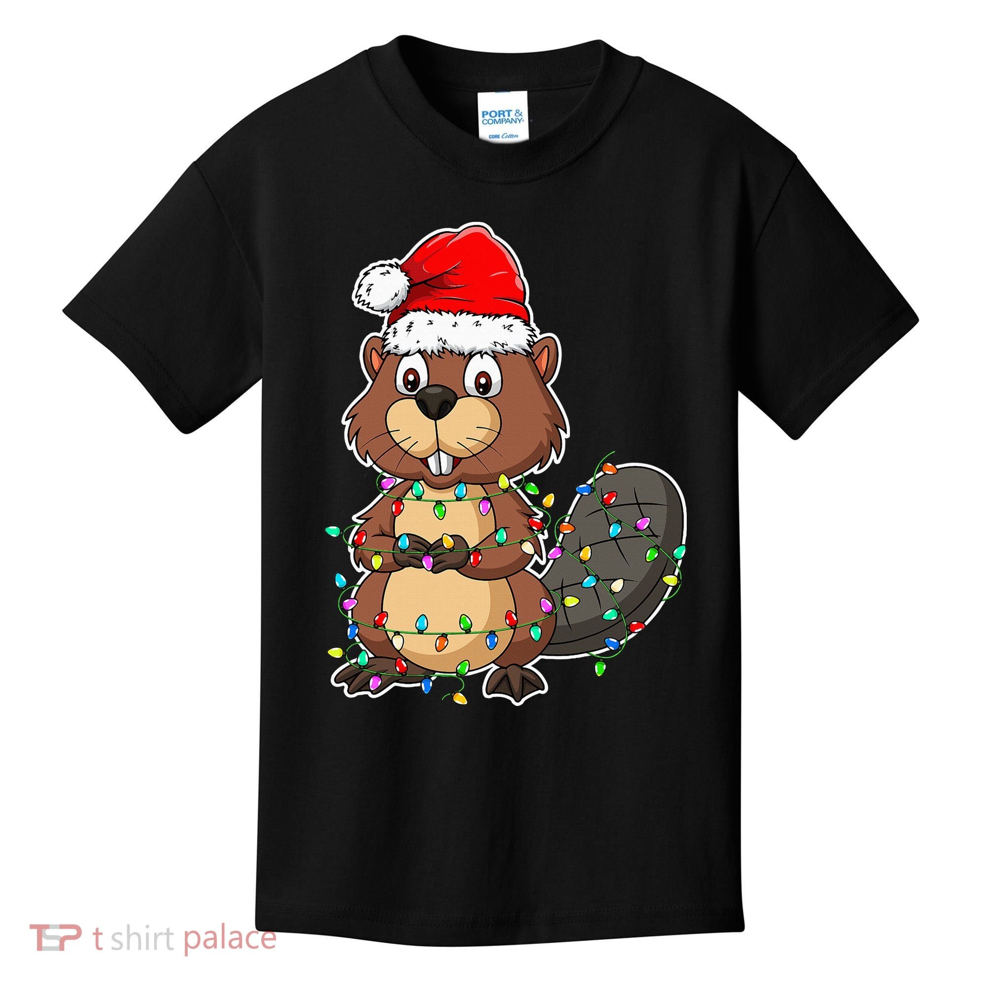 Beaver Wearing Santa Hat Xmas Funny Beaver Lover Christmas Kids T-Shirt