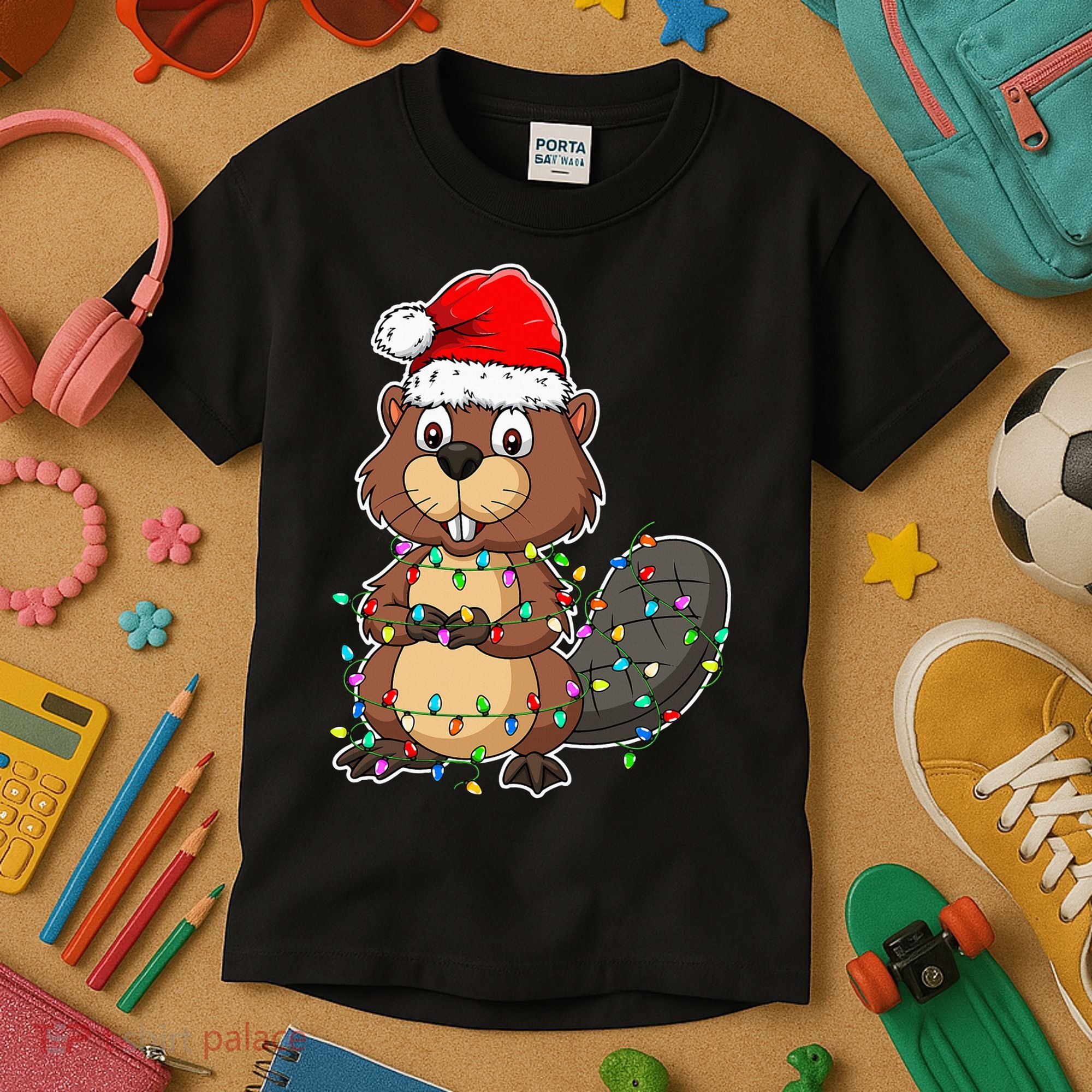 Beaver Wearing Santa Hat Xmas Funny Beaver Lover Christmas Kids T-Shirt