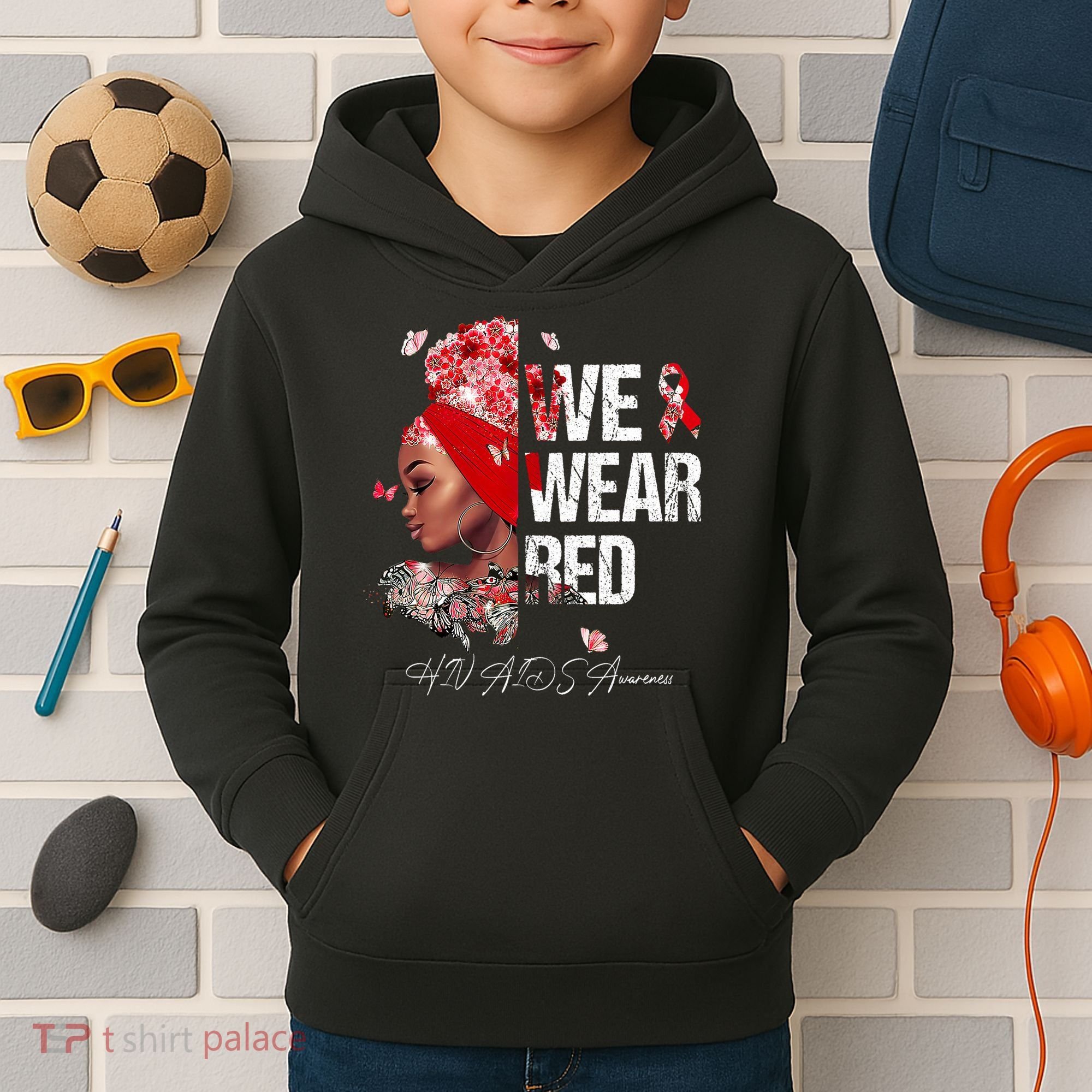 Black Women We Wear Red Hiv Aids Awareness Kids Hoodie