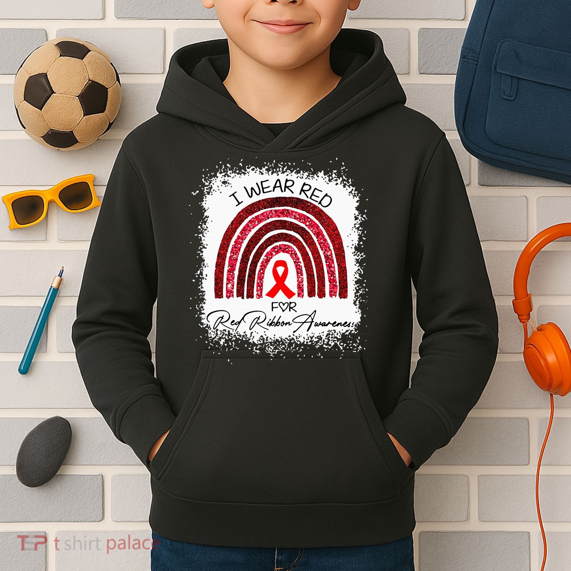 Bleached We Wear Red For Red Ribbon Week Awareness Rainbow Kids Hoodie
