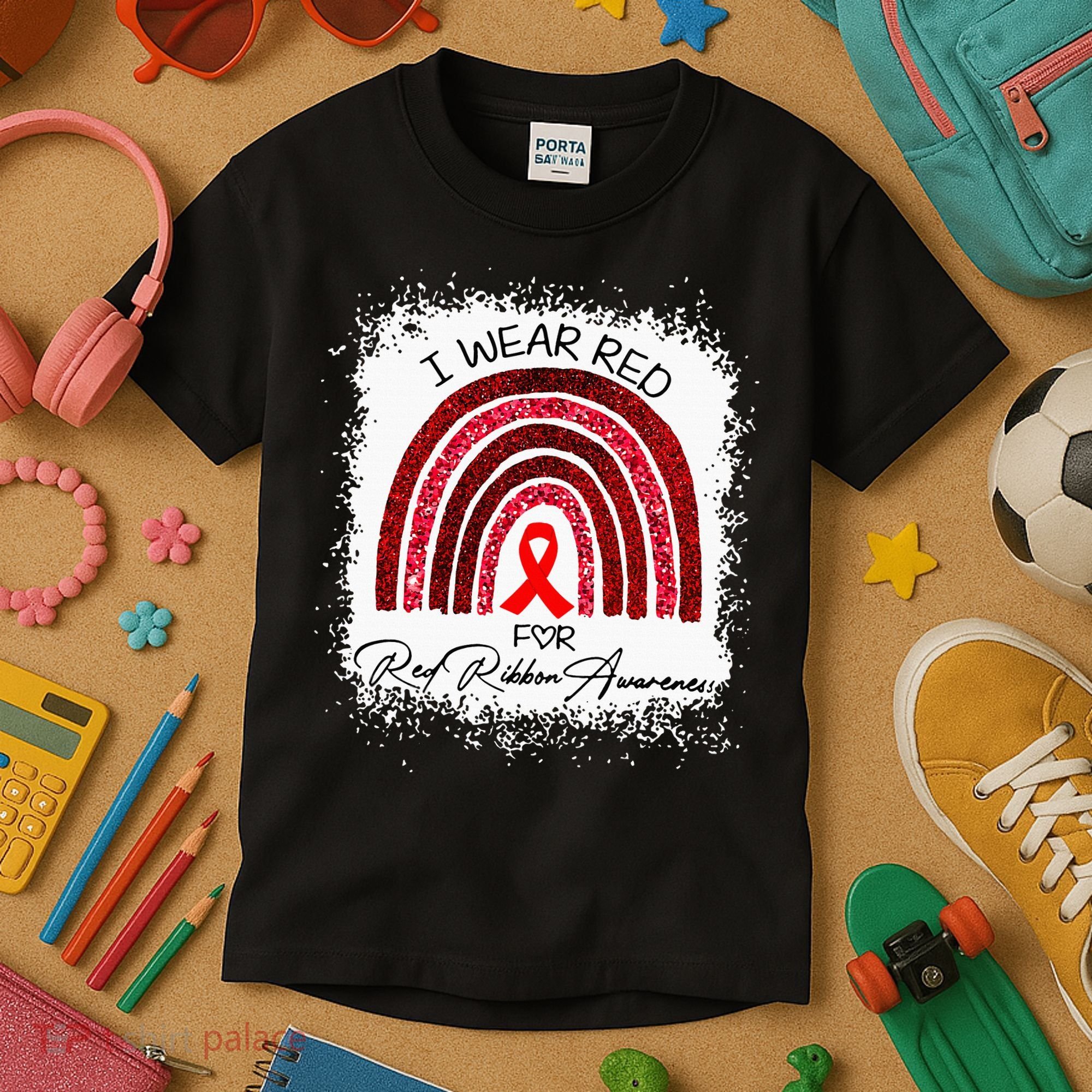 Bleached We Wear Red For Red Ribbon Week Awareness Rainbow Kids T-Shirt